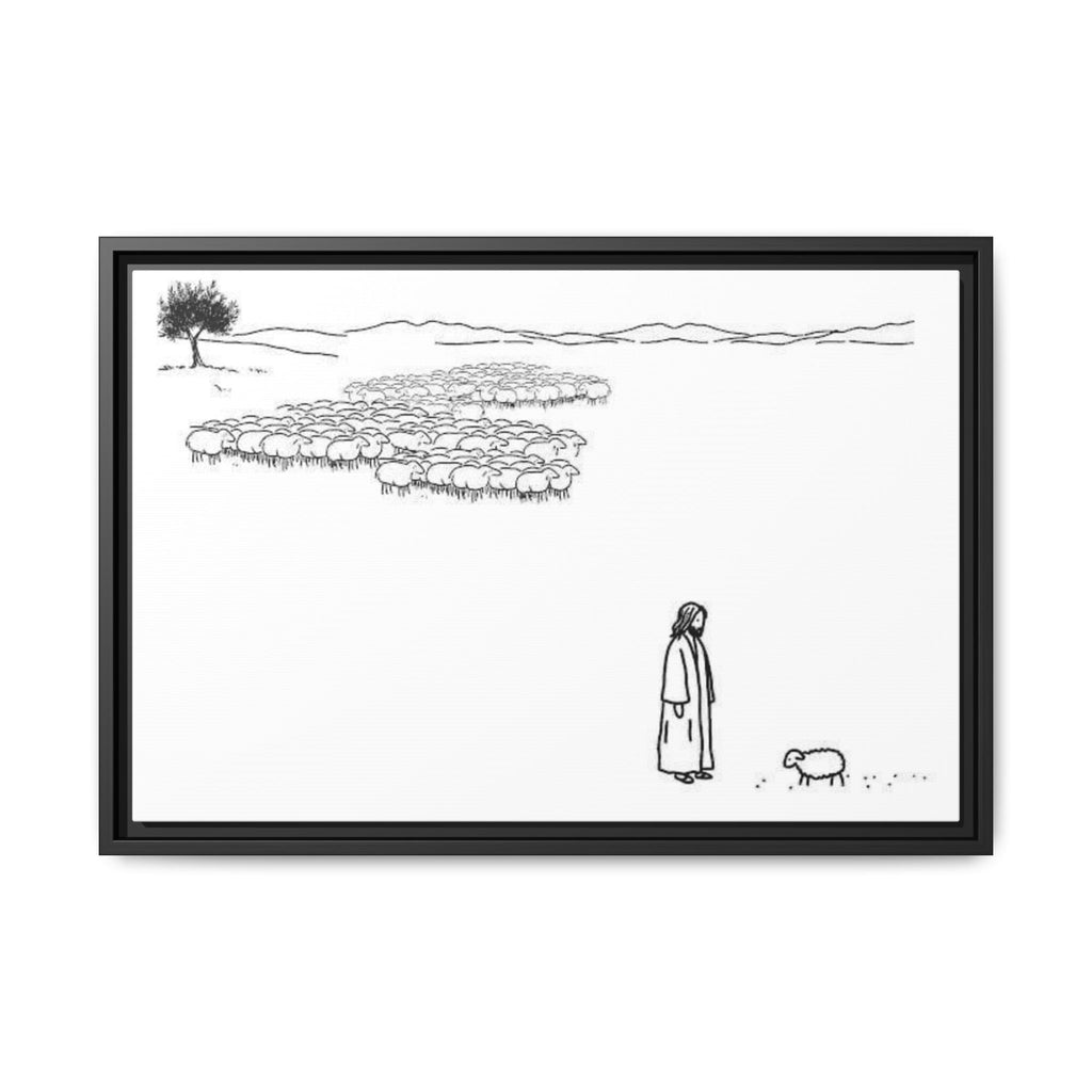 Framed Matte Canvas Print — Minimal The Good Shepherd & Flock Line Art