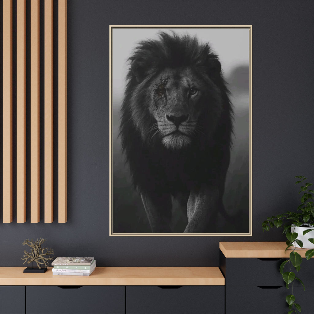 Framed Matte Canvas Lion Wall Art – Black & White Majestic Lion Print