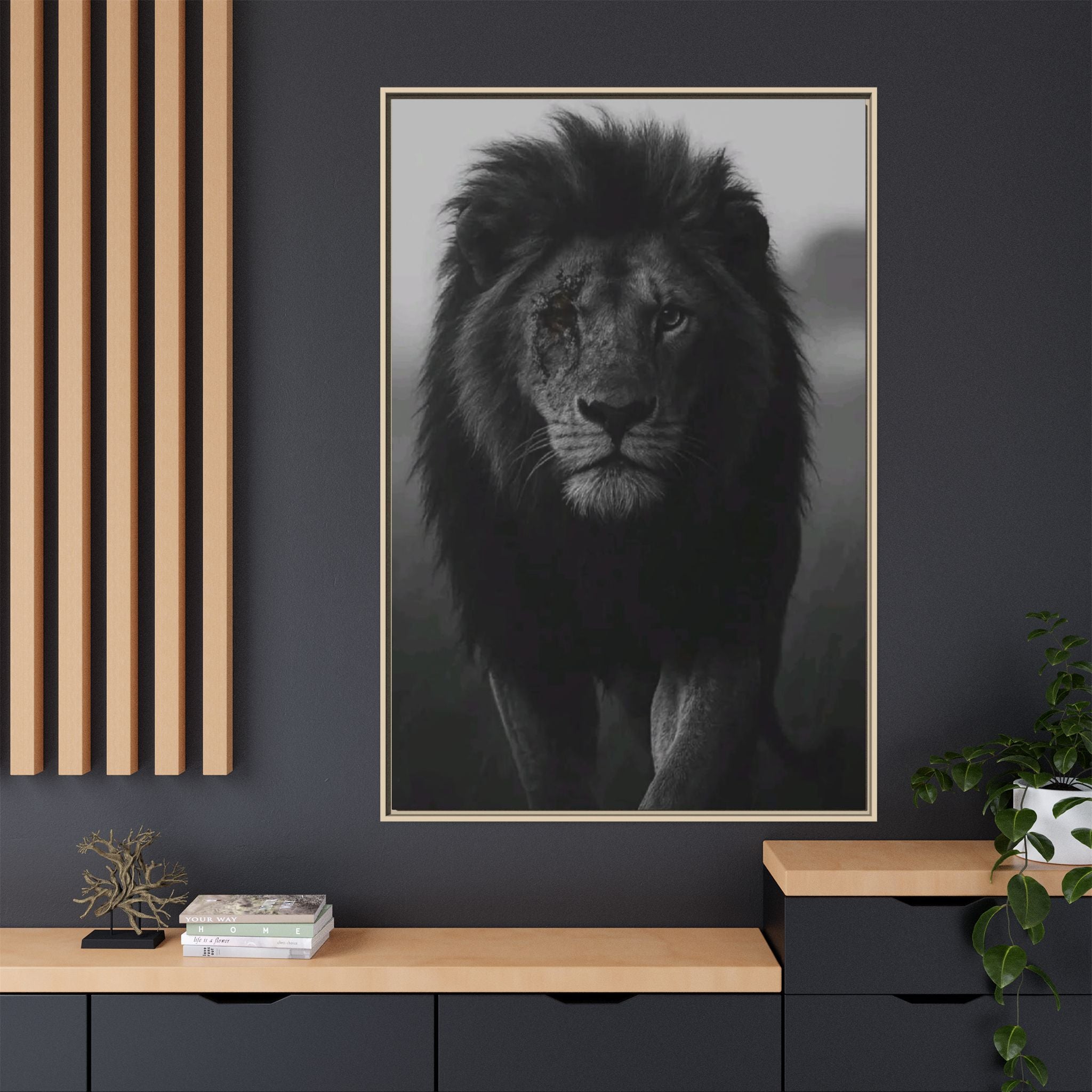 Framed Matte Canvas Lion Wall Art – Black & White Majestic Lion Print