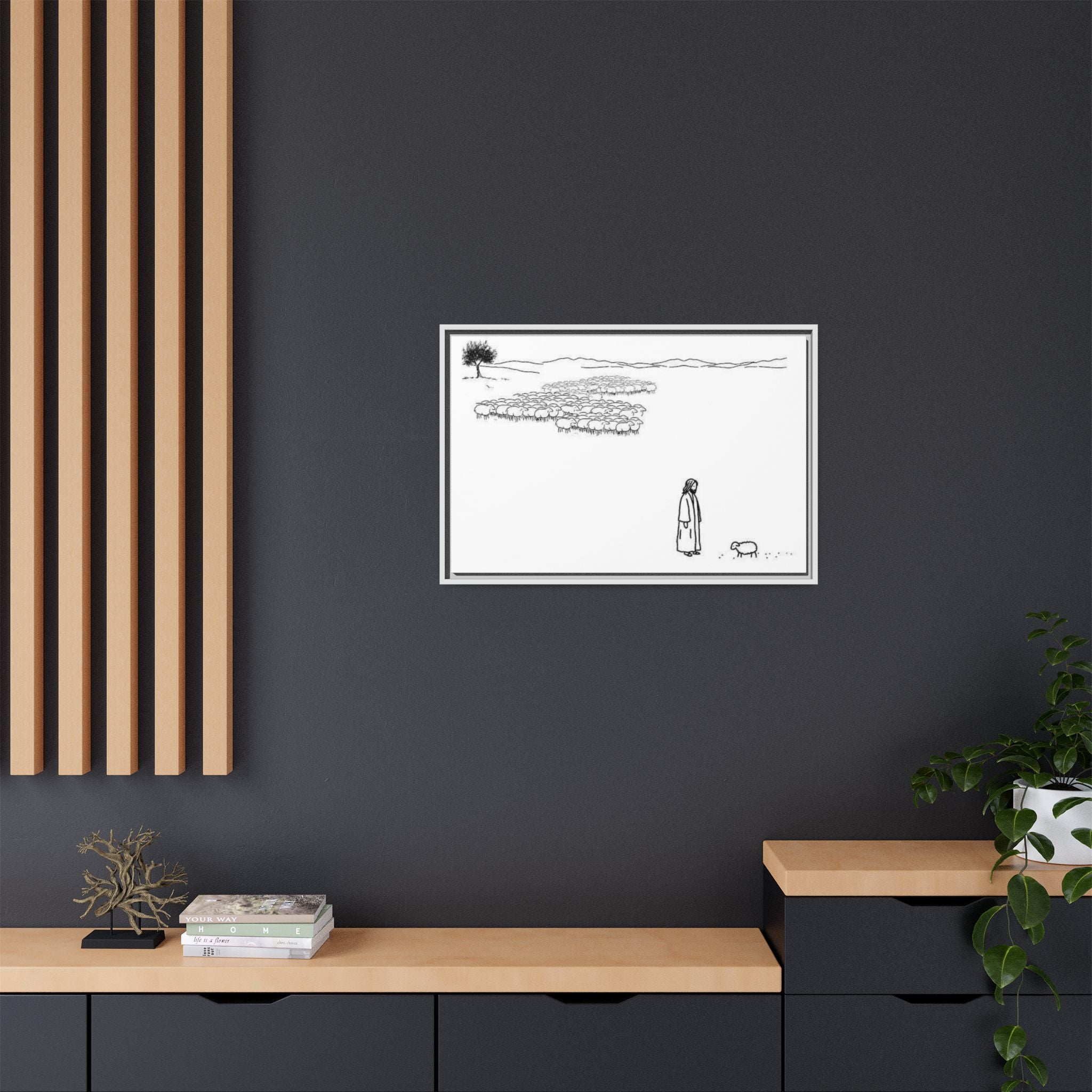 Framed Matte Canvas Print — Minimal The Good Shepherd & Flock Line Art