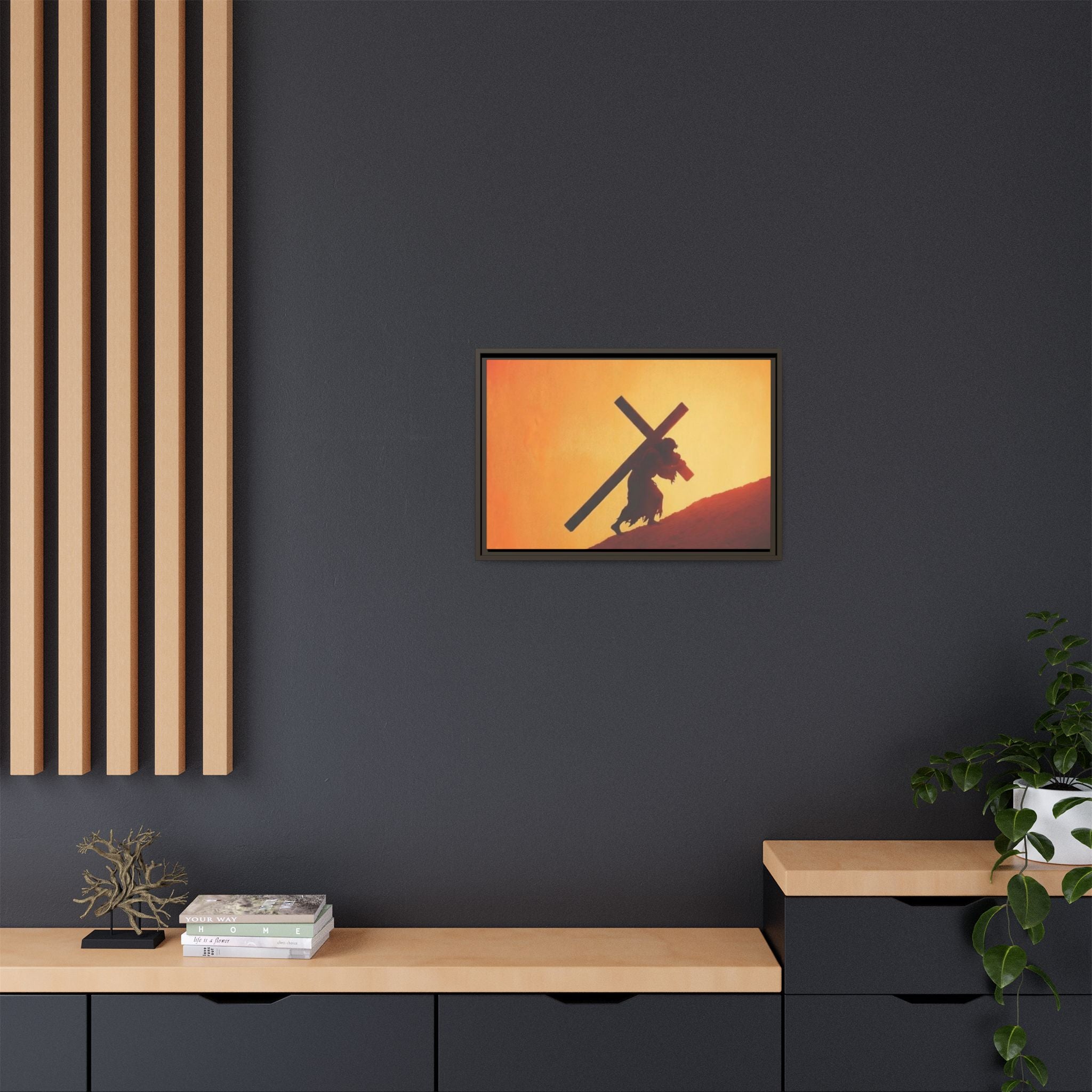 Jesus Christ Carrying Cross Framed Canvas — 'The World On His Shoulder' Sunset Art