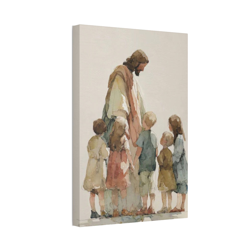 Faithful Father and Children Watercolor Canvas Print — Religious Nursery Wall Art