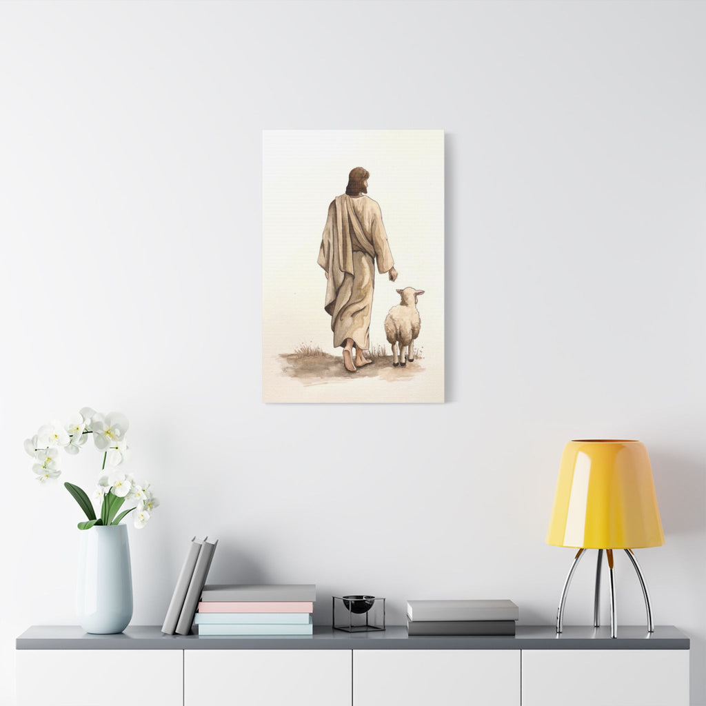 Jesus with Lamb Satin Canvas Wall Art – Christian Religious Stretched Canvas