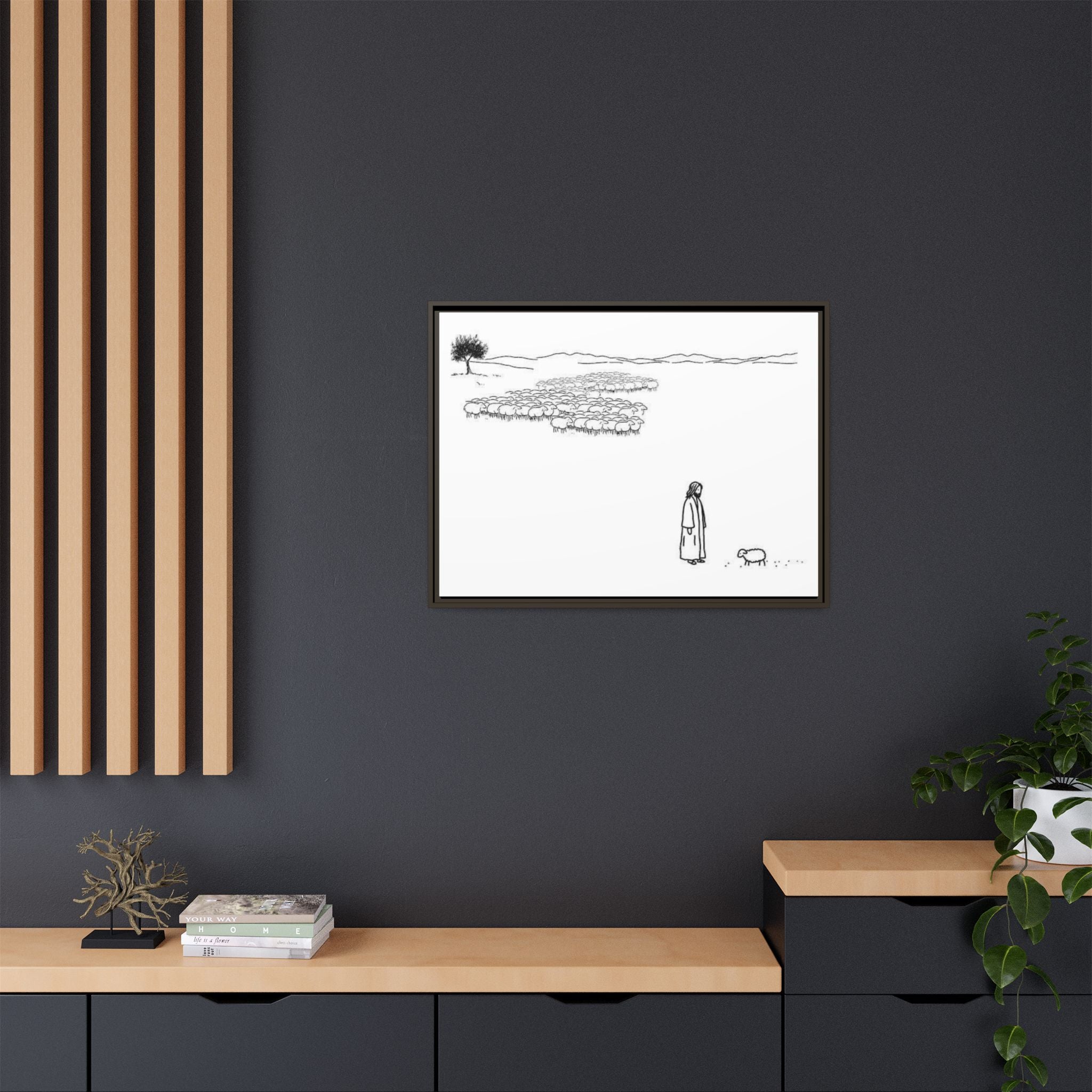 Framed Matte Canvas Print — Minimal The Good Shepherd & Flock Line Art