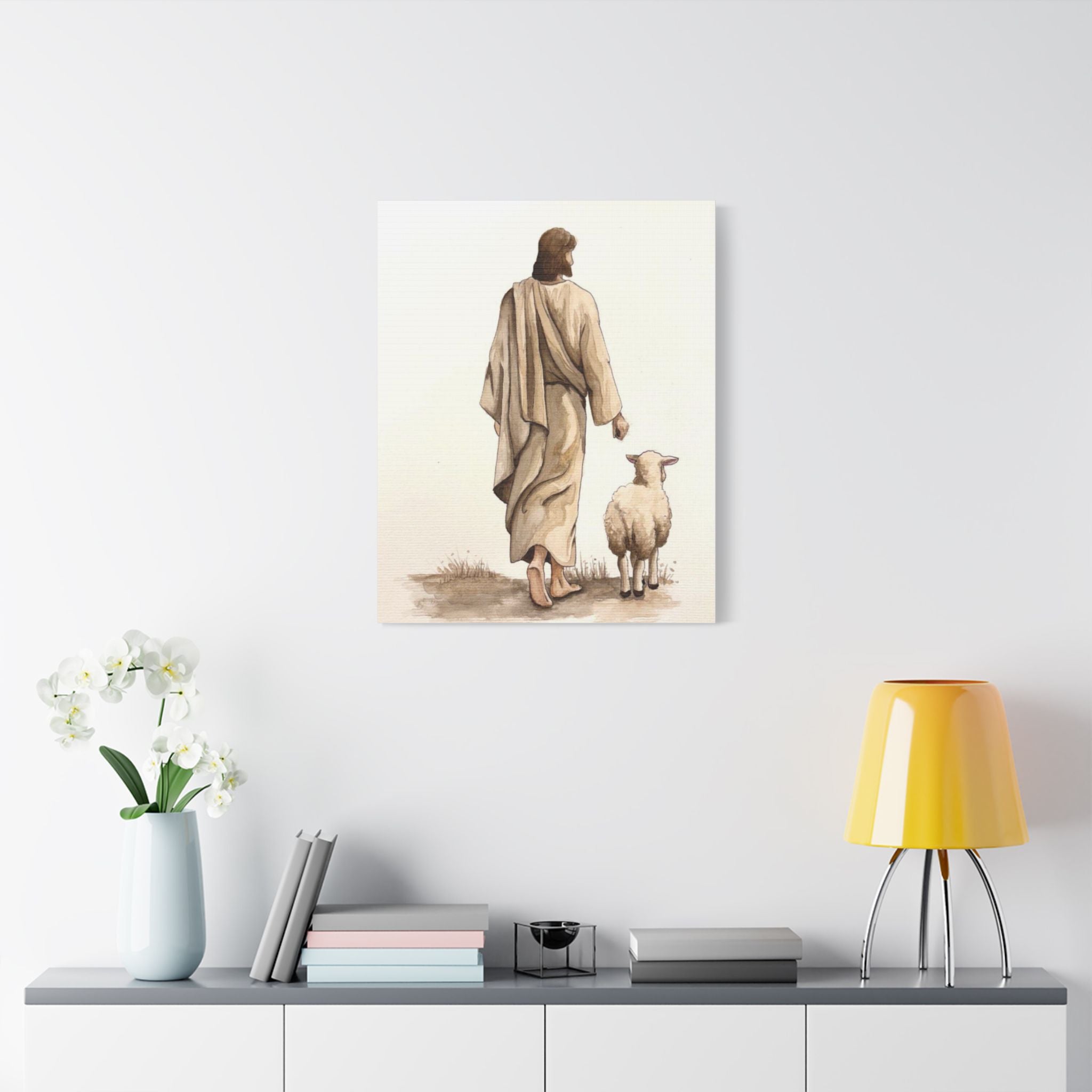 Jesus with Lamb Satin Canvas Wall Art – Christian Religious Stretched Canvas