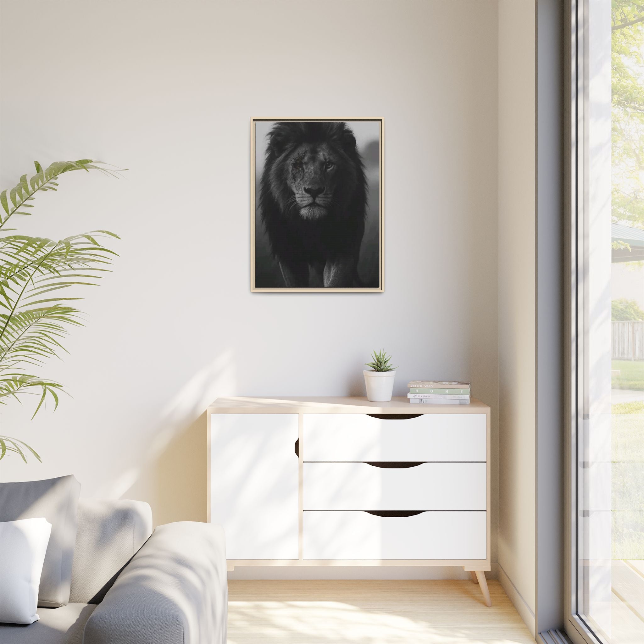 Framed Matte Canvas Lion Wall Art – Black & White Majestic Lion Print