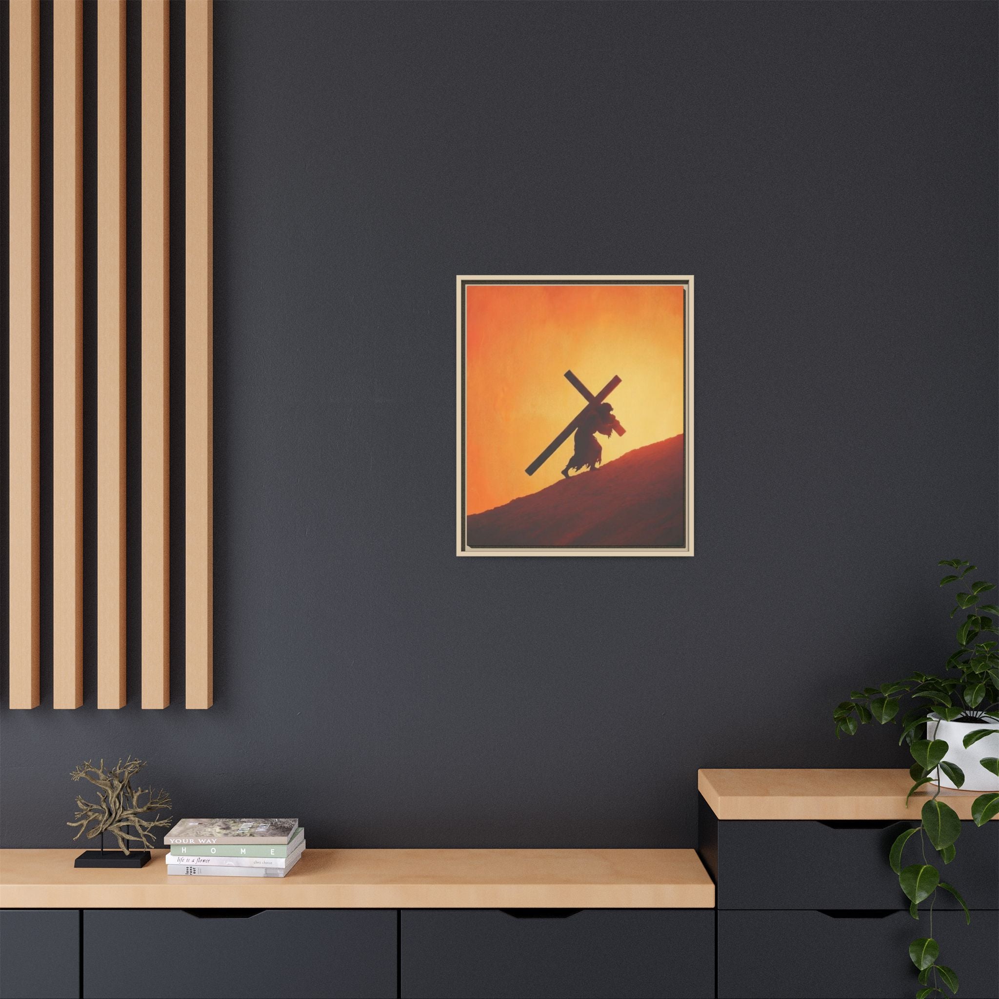 Jesus Christ Carrying Cross Framed Canvas — 'The World On His Shoulder' Sunset Art