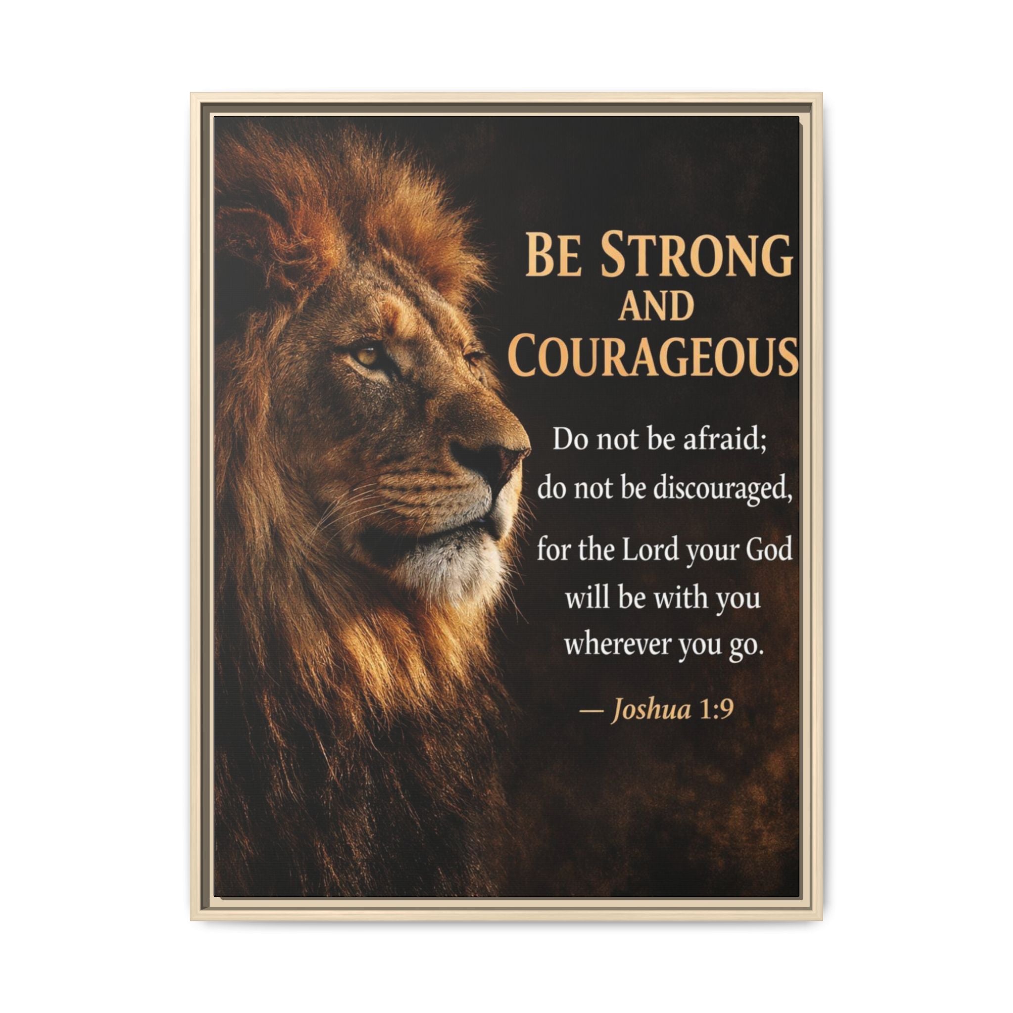 Framed Lion Canvas Print - "Be Strong and Courageous" Joshua 1:9 Inspirational Wall Art
