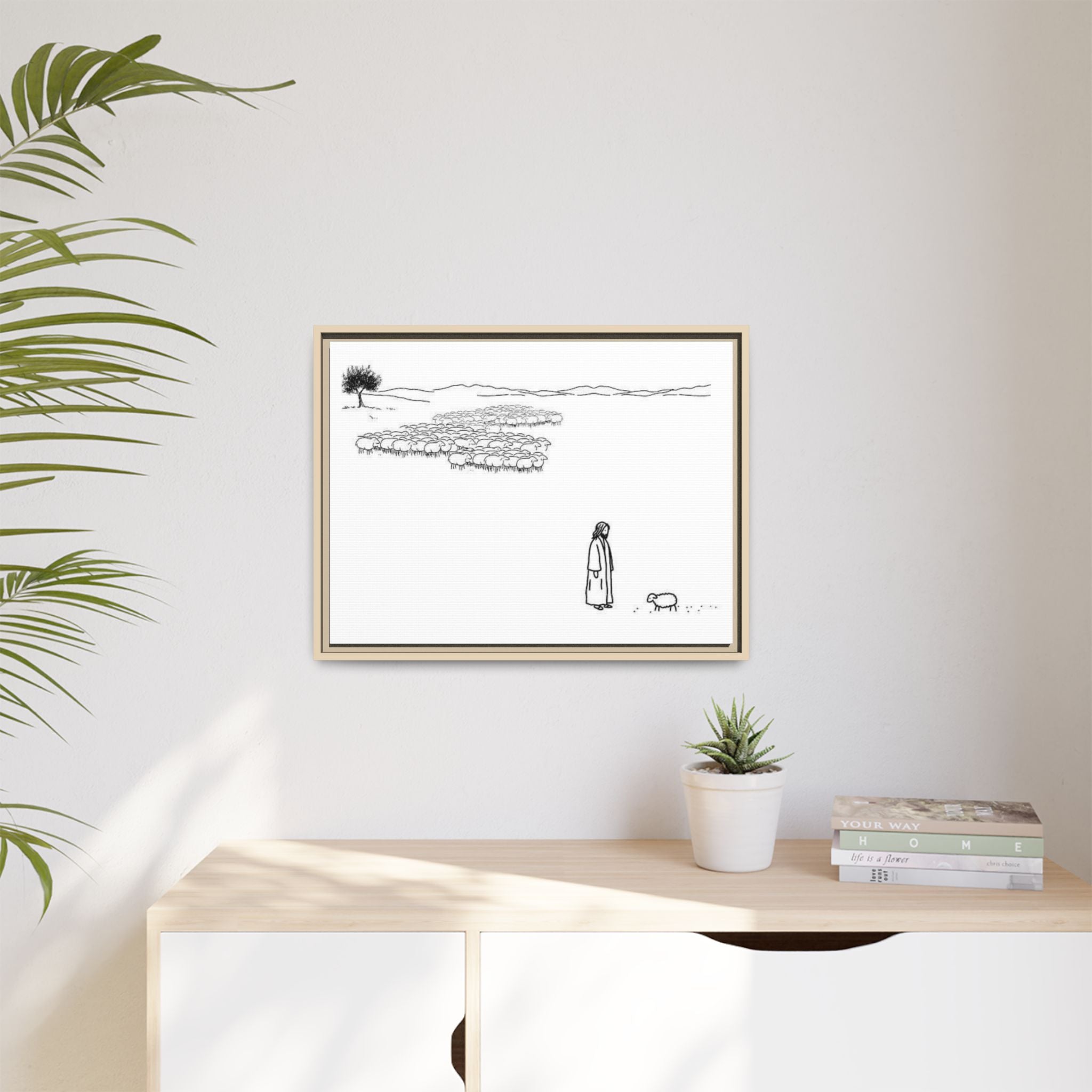 Framed Matte Canvas Print — Minimal The Good Shepherd & Flock Line Art
