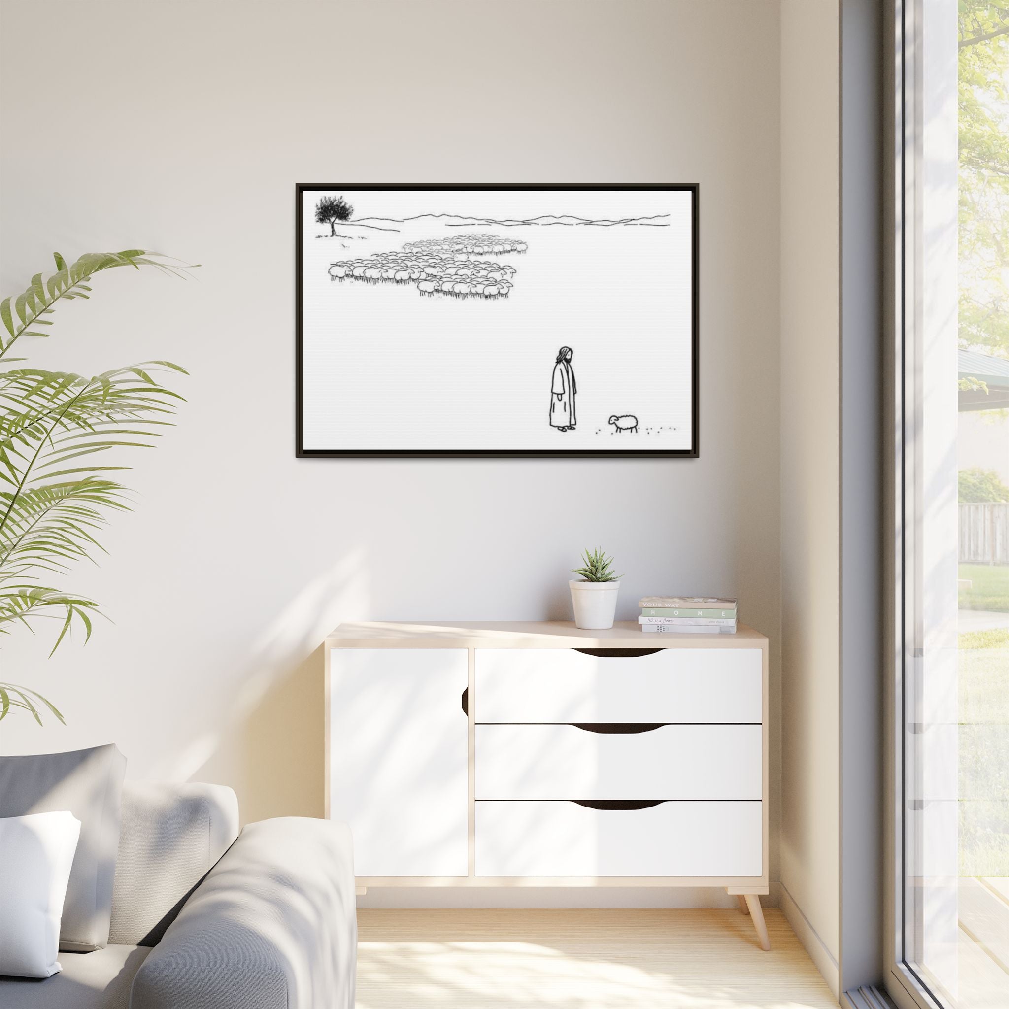 Framed Matte Canvas Print — Minimal The Good Shepherd & Flock Line Art