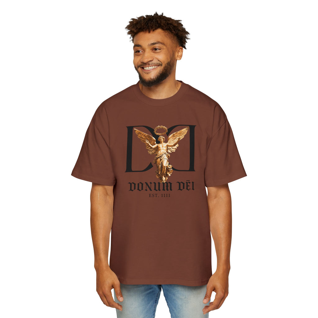 Donum Dei Angel Graphic Tee — Vintage Roman Lettering Men’s Oversized T‑Shirt