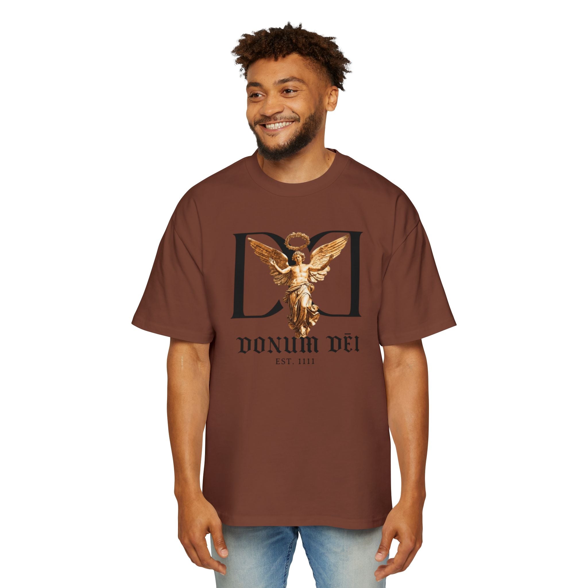 Donum Dei Angel Graphic Tee — Vintage Roman Lettering Men’s Oversized T‑Shirt