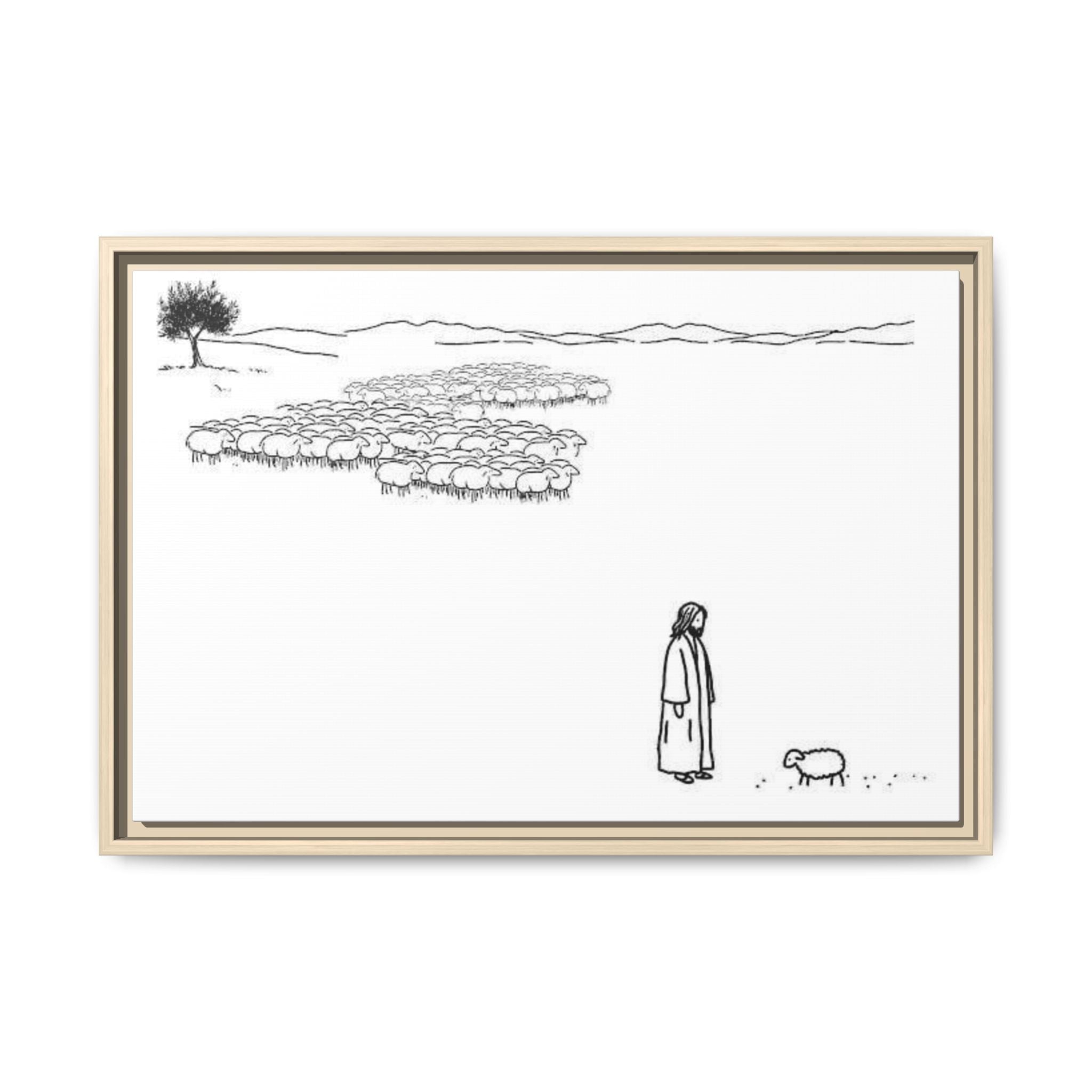 Framed Matte Canvas Print — Minimal The Good Shepherd & Flock Line Art