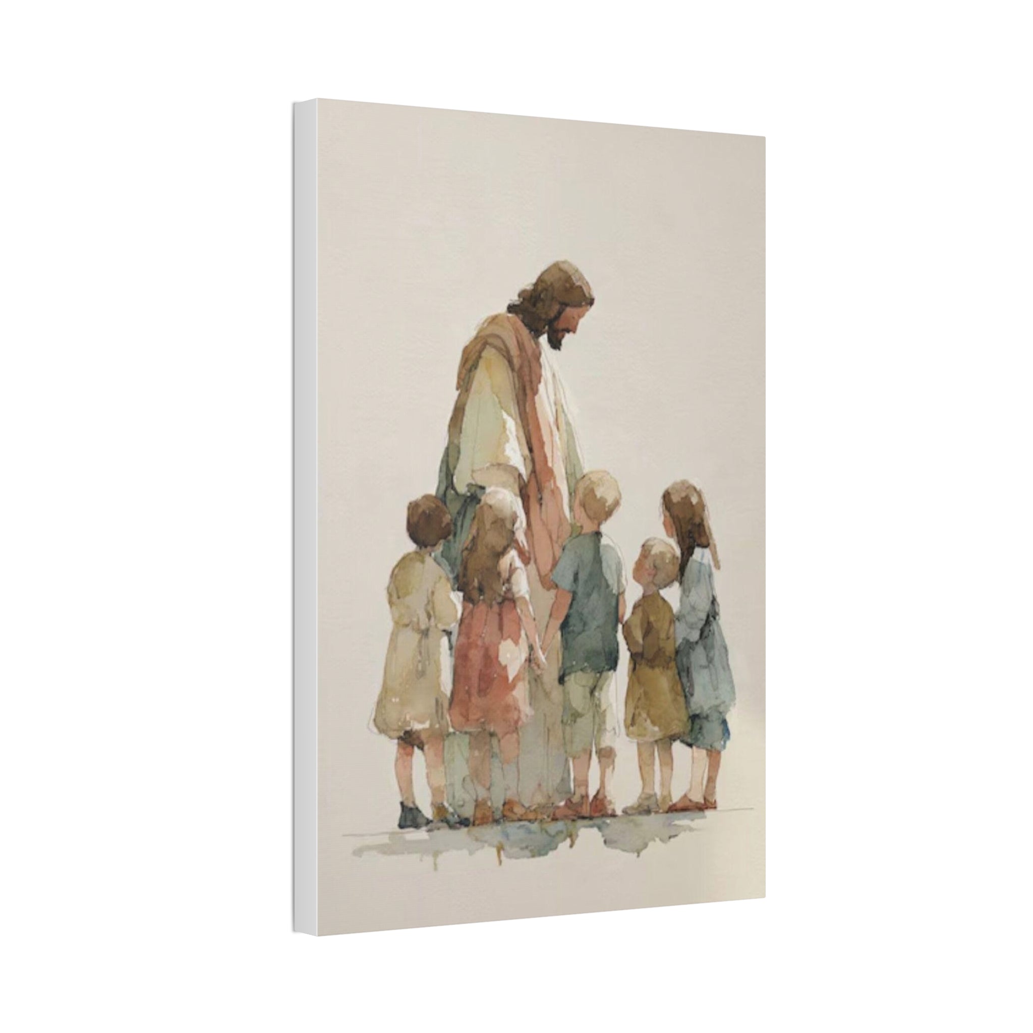 Faithful Father and Children Watercolor Canvas Print — Religious Nursery Wall Art
