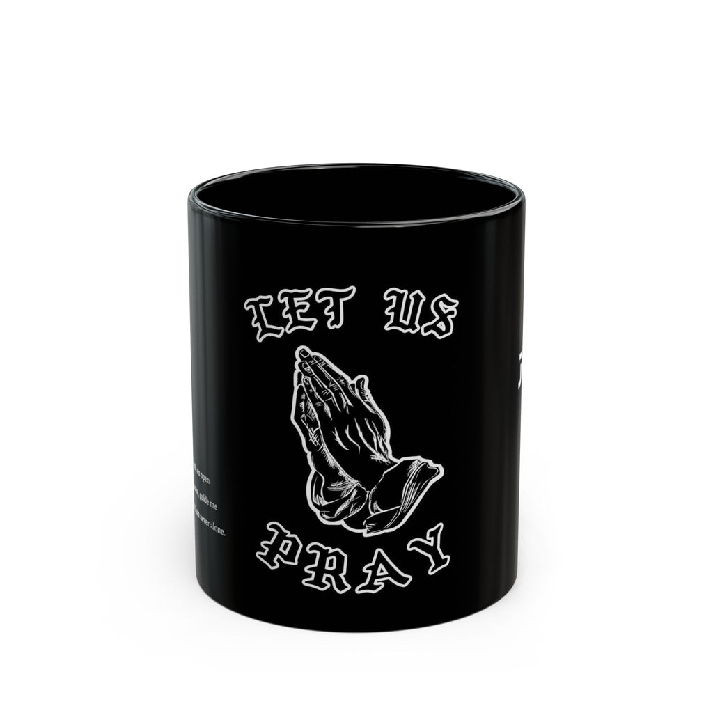Let Us Pray Black Mug — Praying Hands Coffee Cup with John 3:16 Scripture