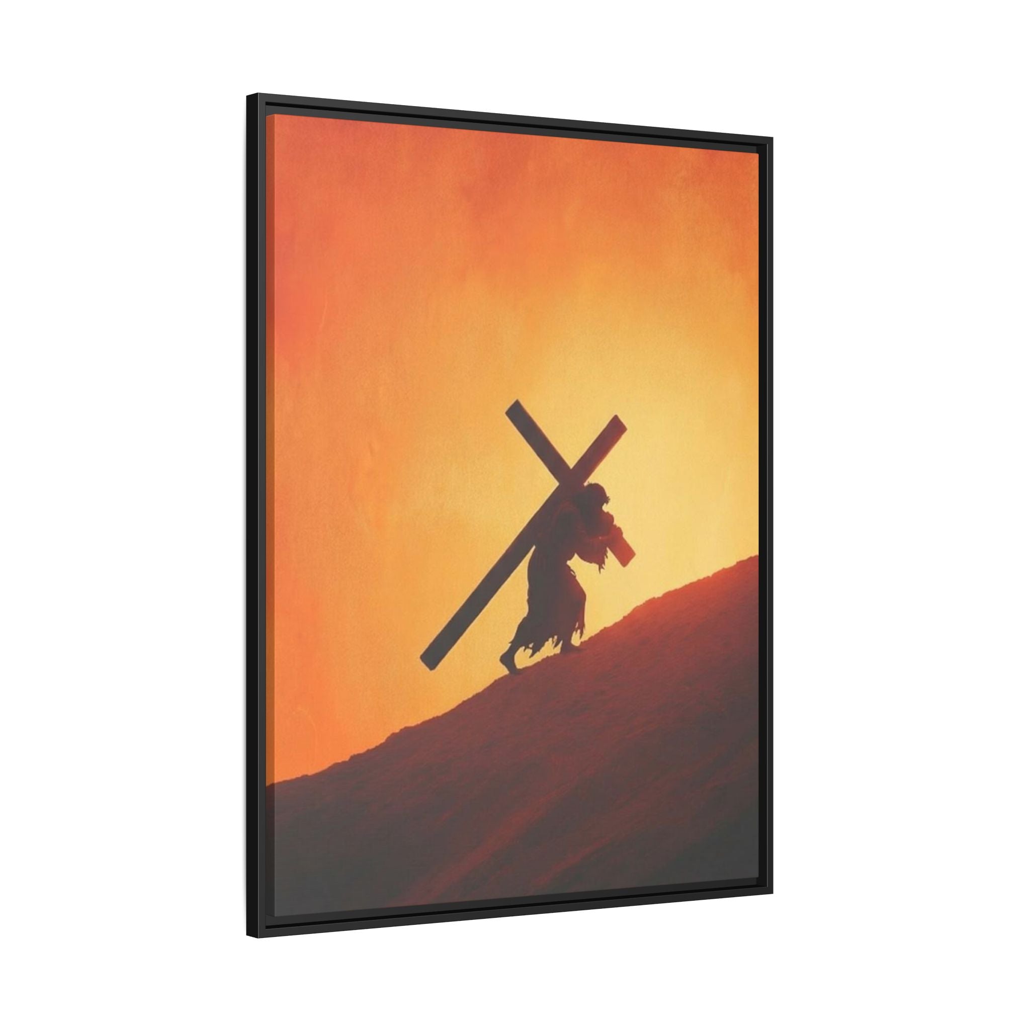 Jesus Christ Carrying Cross Framed Canvas — 'The World On His Shoulder' Sunset Art