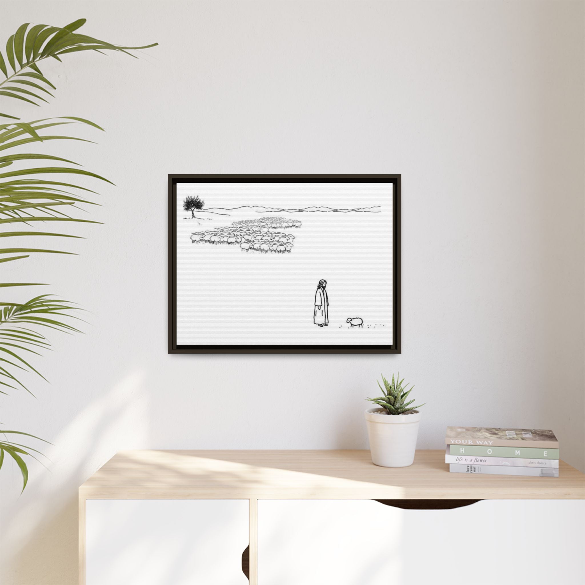 Framed Matte Canvas Print — Minimal The Good Shepherd & Flock Line Art
