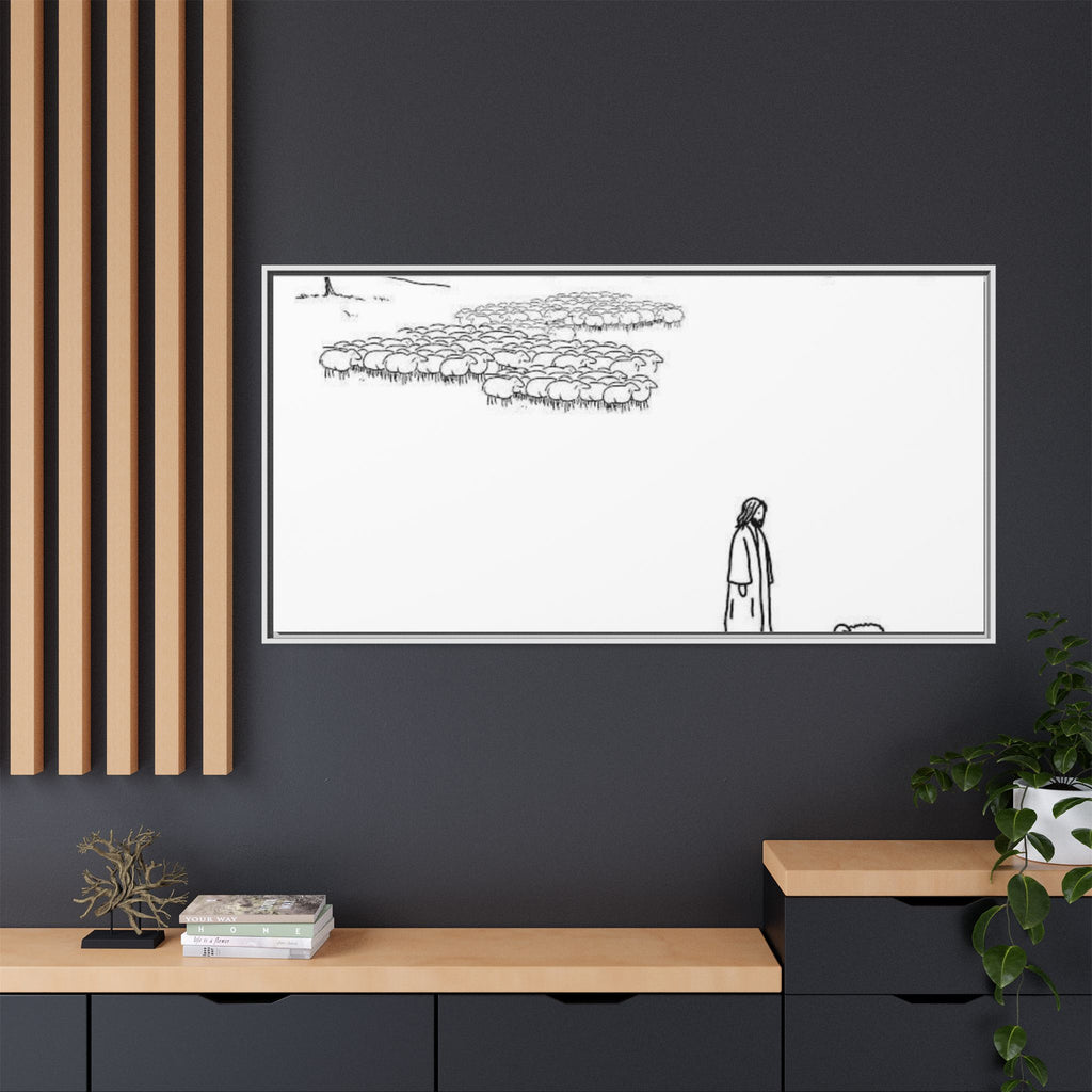 Framed Matte Canvas Print — Minimal The Good Shepherd & Flock Line Art