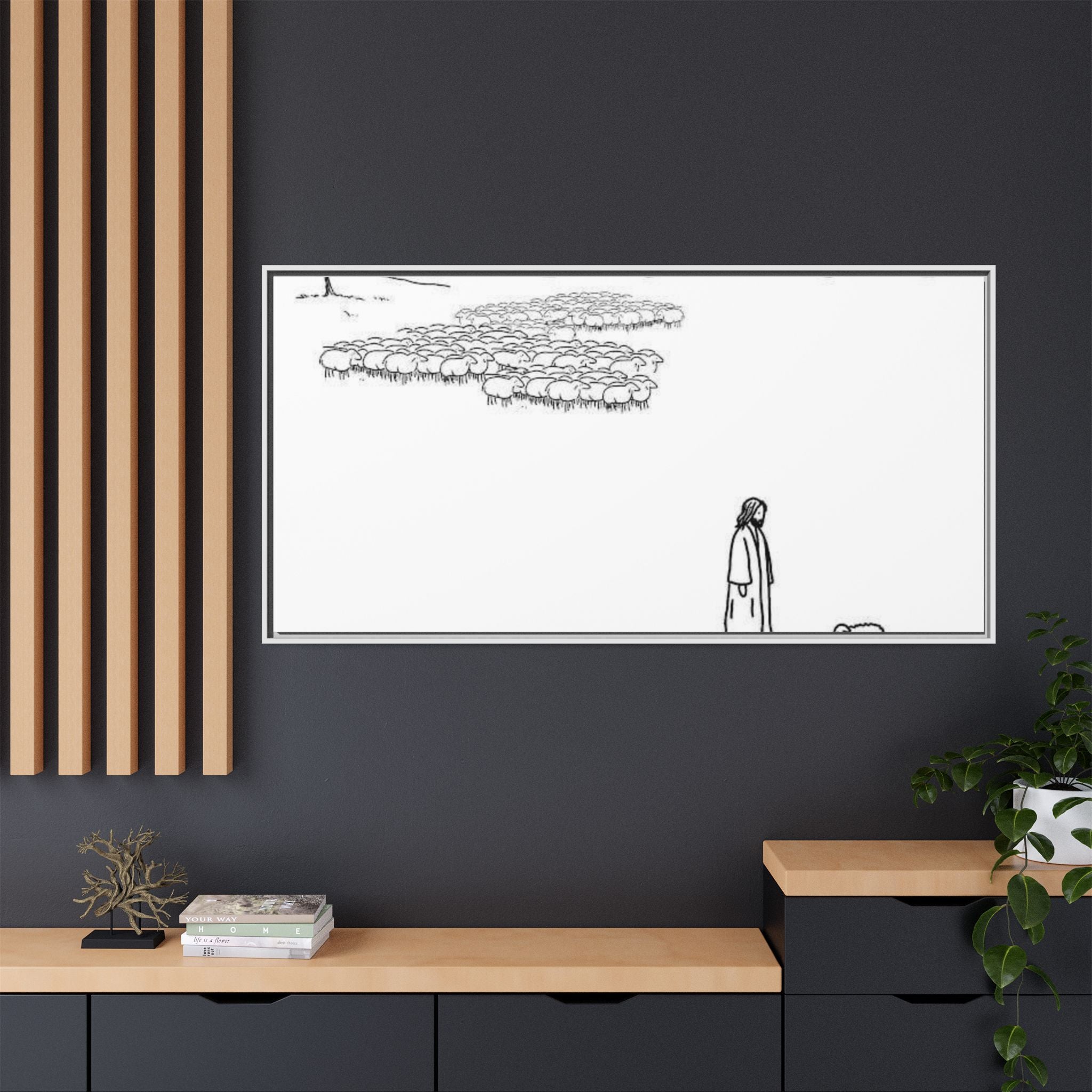 Framed Matte Canvas Print — Minimal The Good Shepherd & Flock Line Art