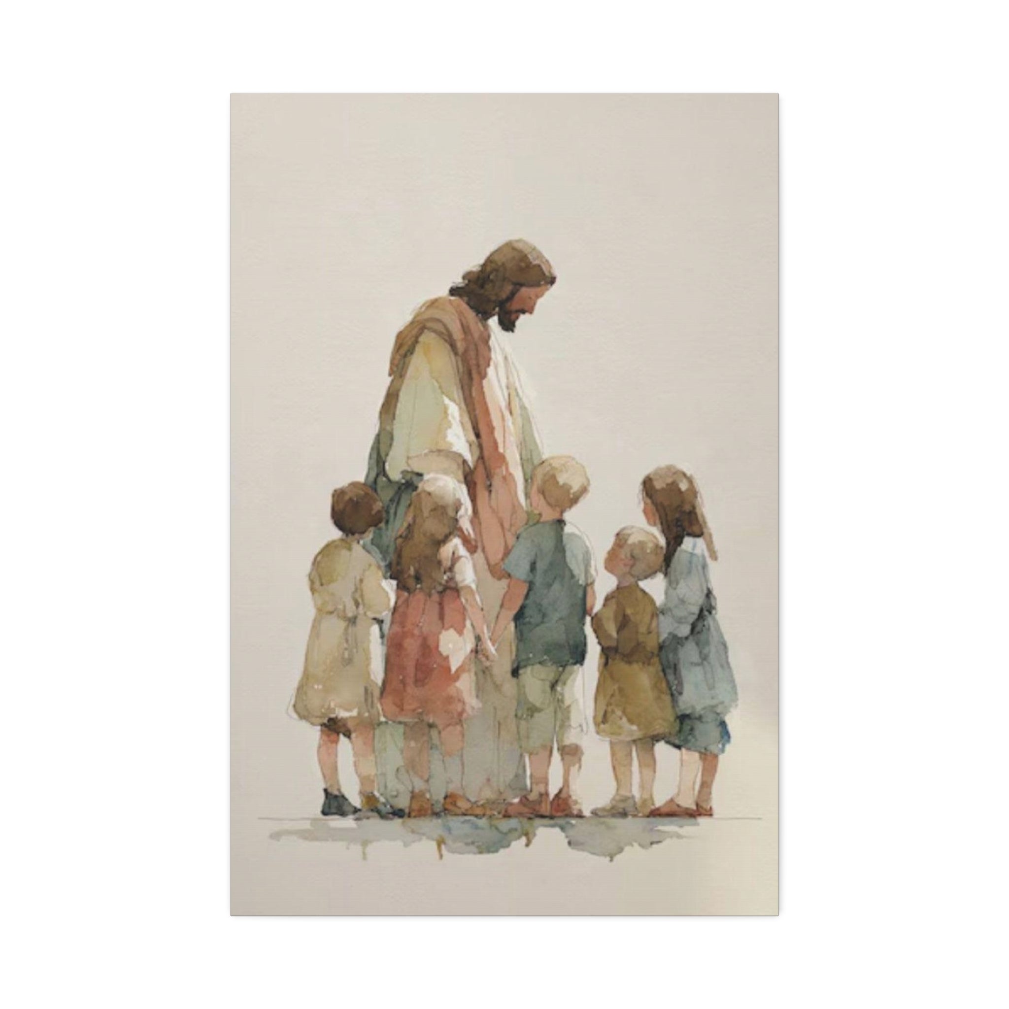 Faithful Father and Children Watercolor Canvas Print — Religious Nursery Wall Art