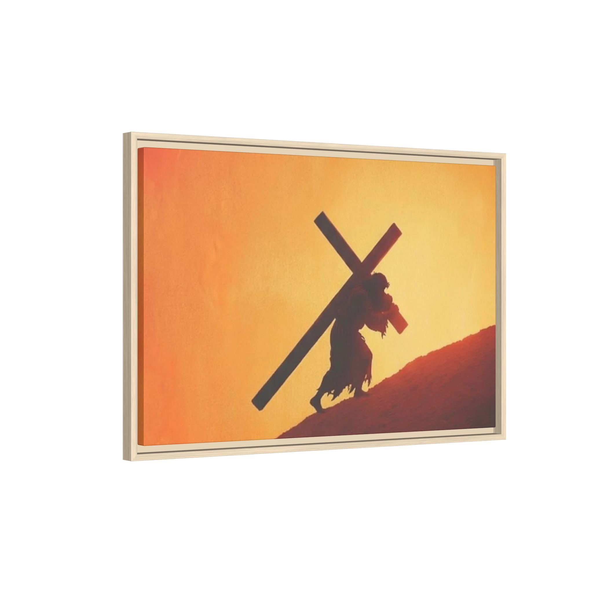 Jesus Christ Carrying Cross Framed Canvas — 'The World On His Shoulder' Sunset Art