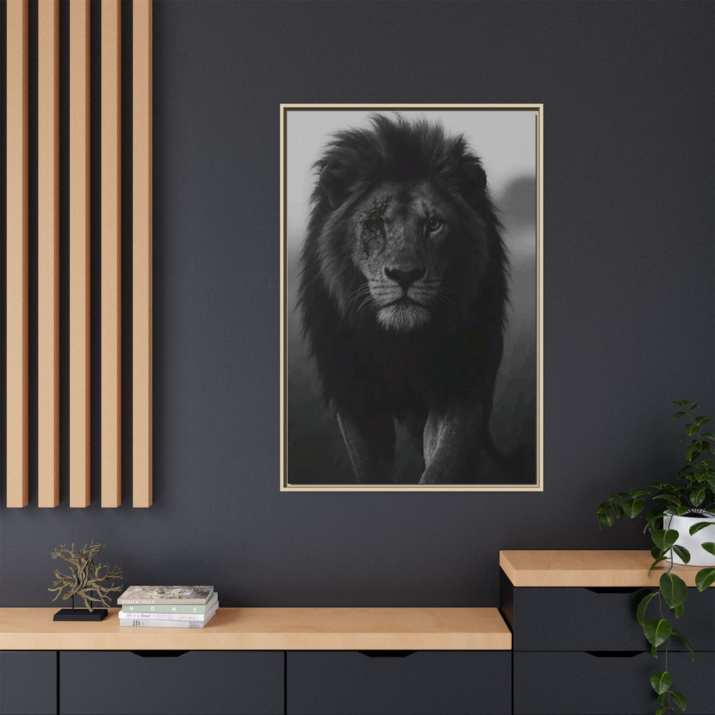 Framed Matte Canvas Lion Wall Art – Black & White Majestic Lion Print