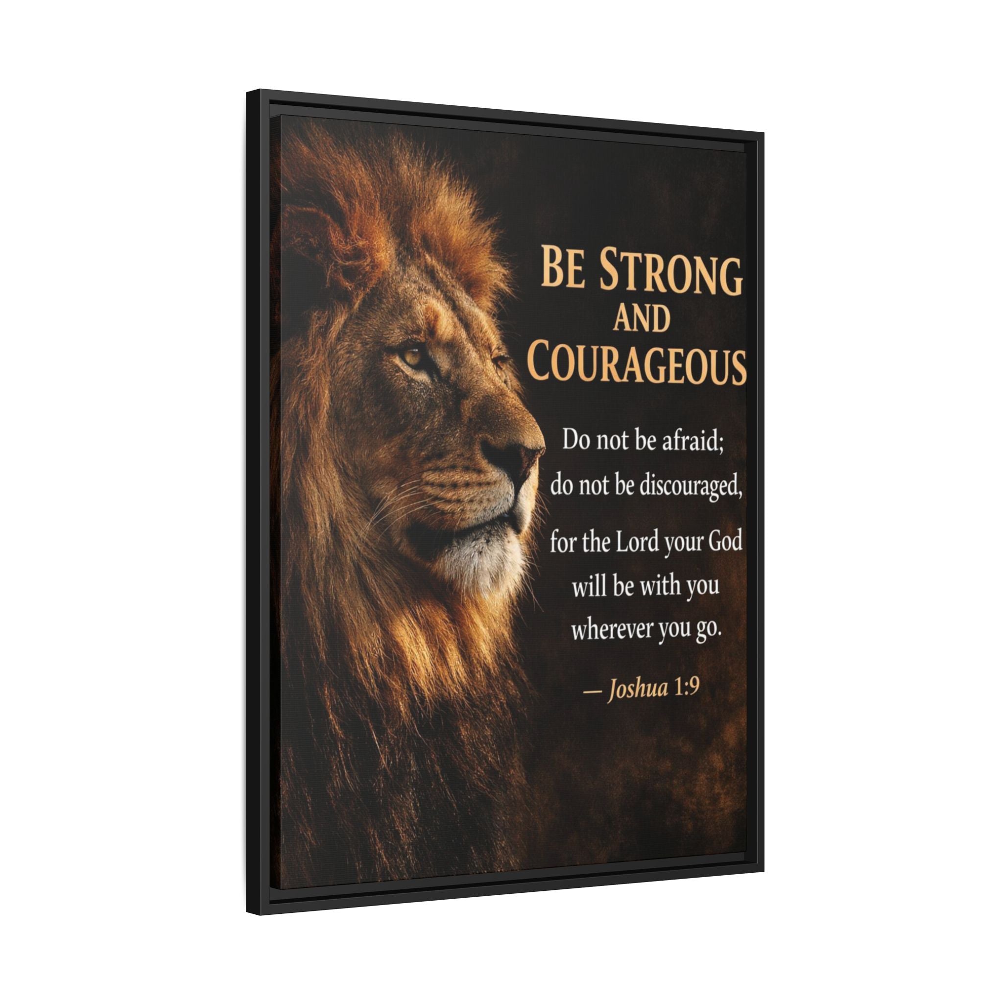 Framed Lion Canvas Print - "Be Strong and Courageous" Joshua 1:9 Inspirational Wall Art