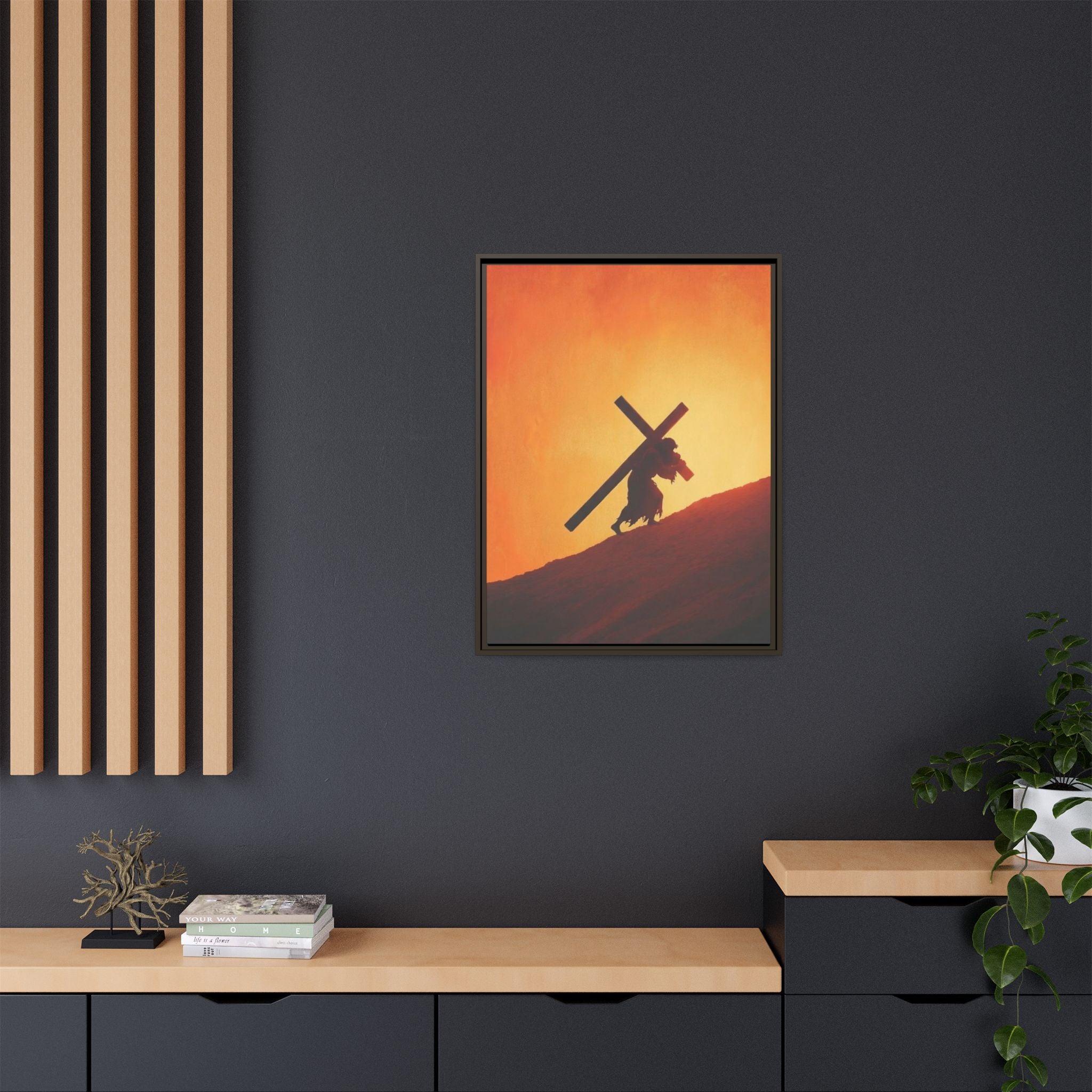 Jesus Christ Carrying Cross Framed Canvas — 'The World On His Shoulder' Sunset Art