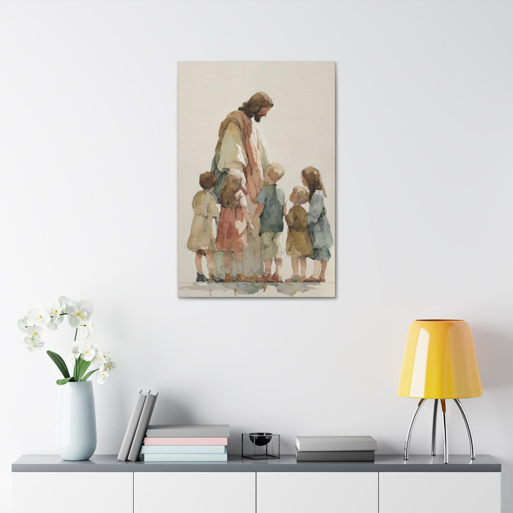 Faithful Father and Children Watercolor Canvas Print — Religious Nursery Wall Art