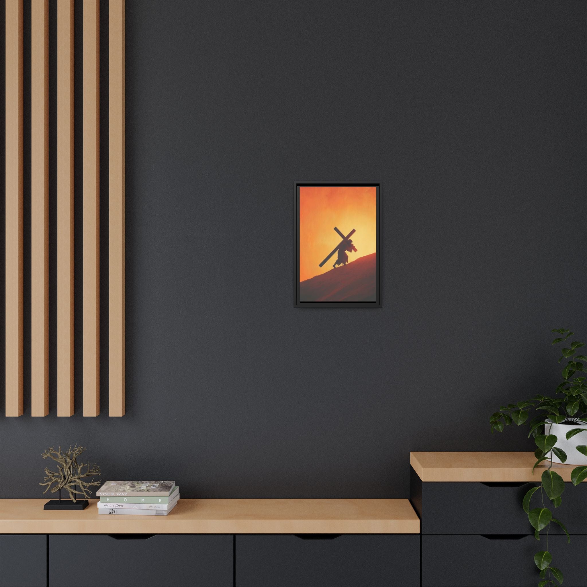 Jesus Christ Carrying Cross Framed Canvas — 'The World On His Shoulder' Sunset Art