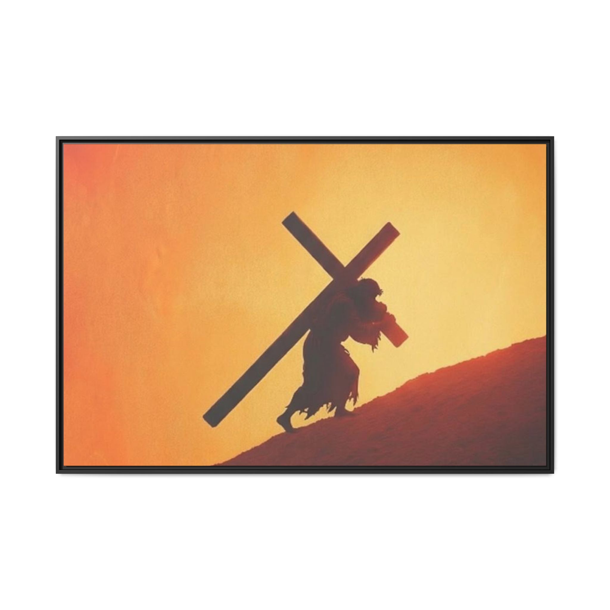Jesus Christ Carrying Cross Framed Canvas — 'The World On His Shoulder' Sunset Art