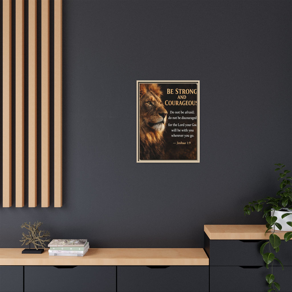 Framed Canvas Wall Art — "Be Strong and Courageous" Lion Joshua 1:9 Inspirational FAITH Art