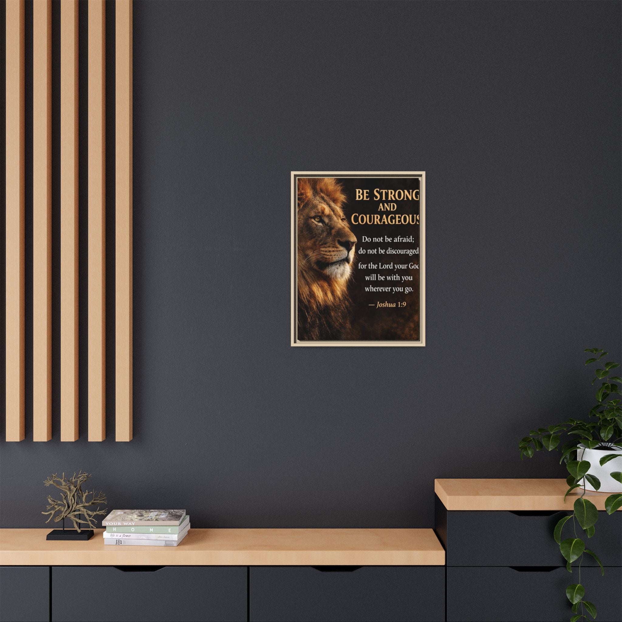 Framed Canvas Wall Art — "Be Strong and Courageous" Lion Joshua 1:9 Inspirational FAITH Art