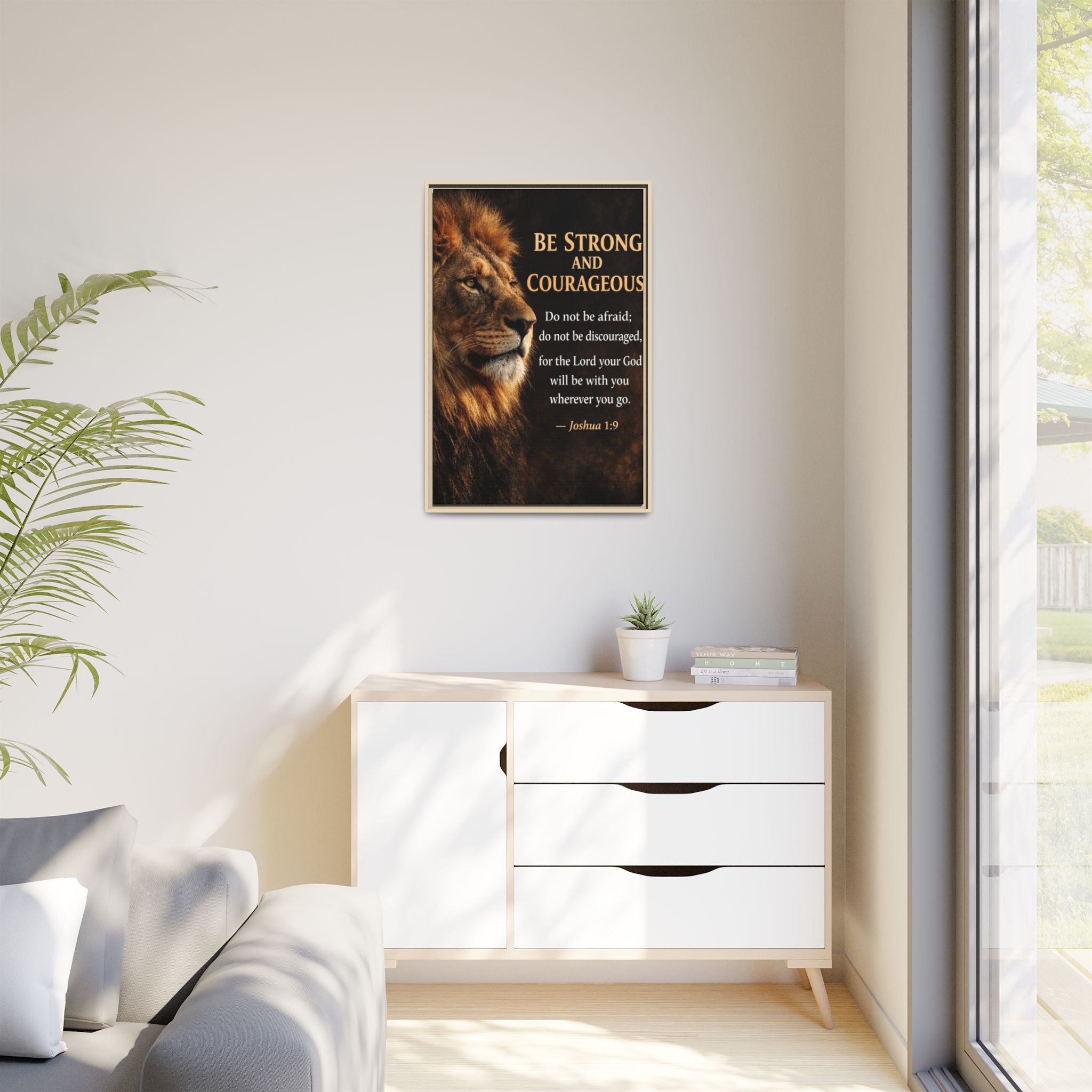 Framed Canvas Wall Art — "Be Strong and Courageous" Lion Joshua 1:9 Inspirational FAITH Art