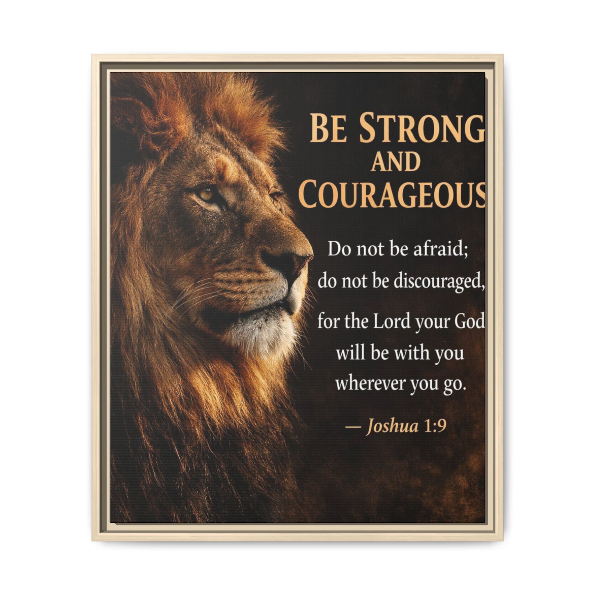 Framed Lion Canvas Print - "Be Strong and Courageous" Joshua 1:9 Inspirational Wall Art