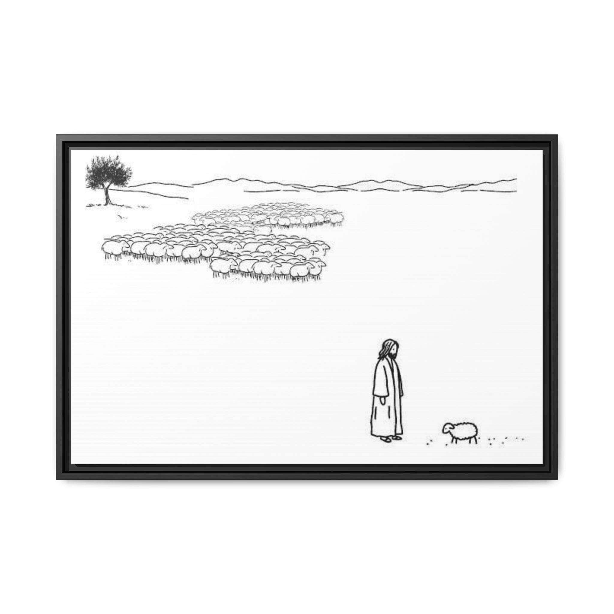 Framed Matte Canvas Print — Minimal The Good Shepherd & Flock Line Art
