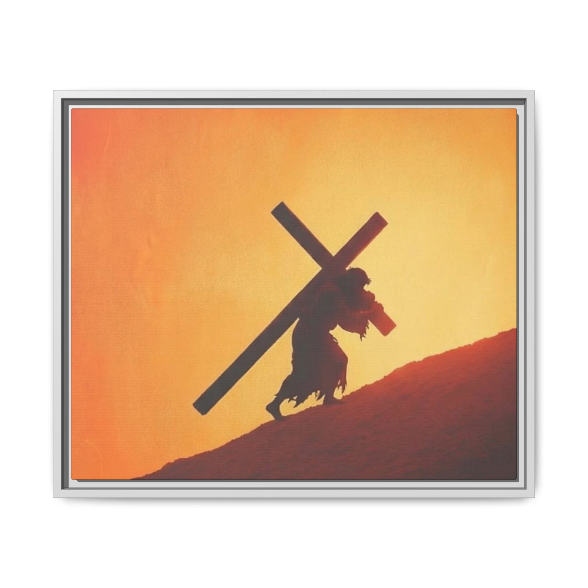 Jesus Christ Carrying Cross Framed Canvas — 'The World On His Shoulder' Sunset Art