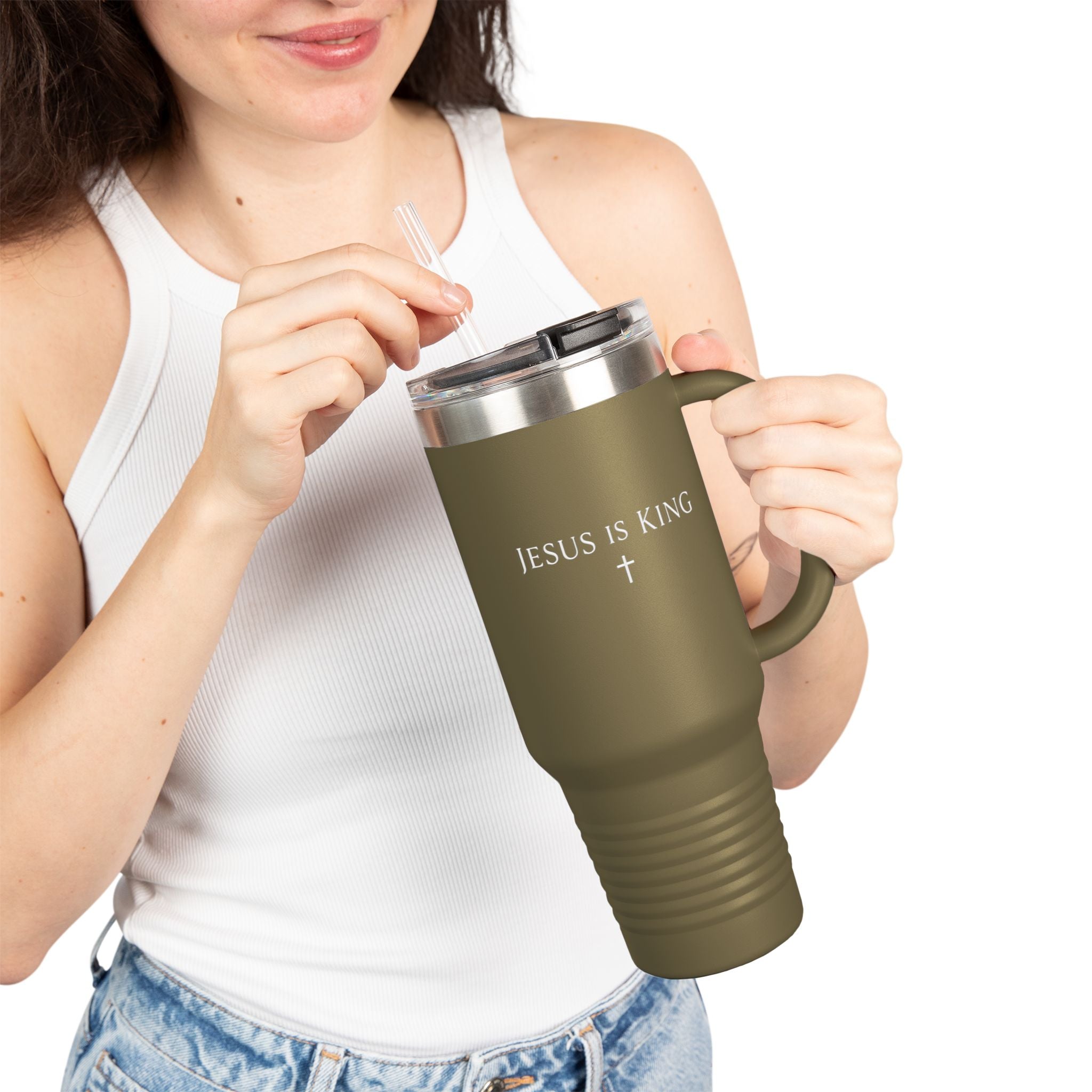 40oz Insulated Travel Mug — White Stainless Tumbler with Lid & Straw