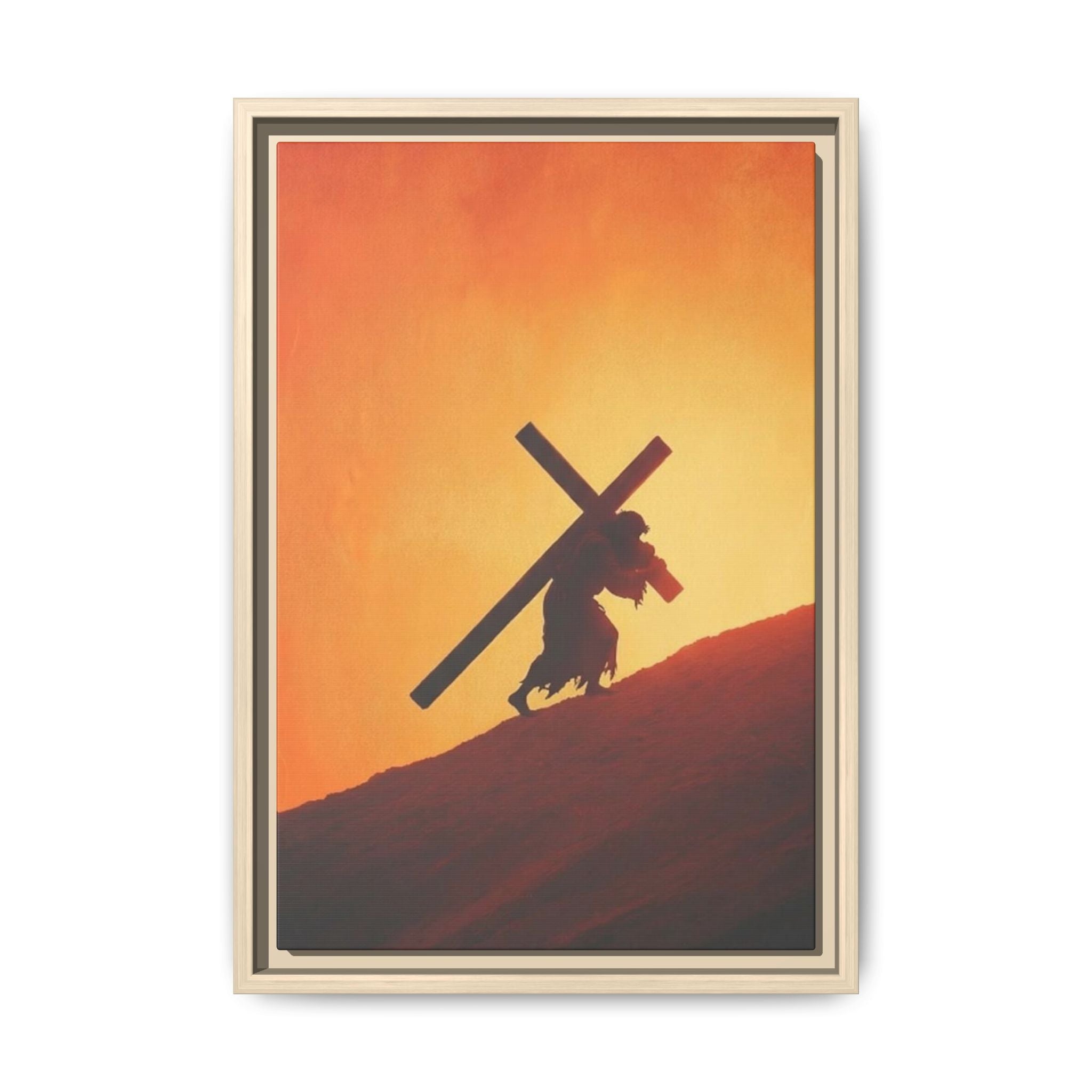 Jesus Christ Carrying Cross Framed Canvas — 'The World On His Shoulder' Sunset Art