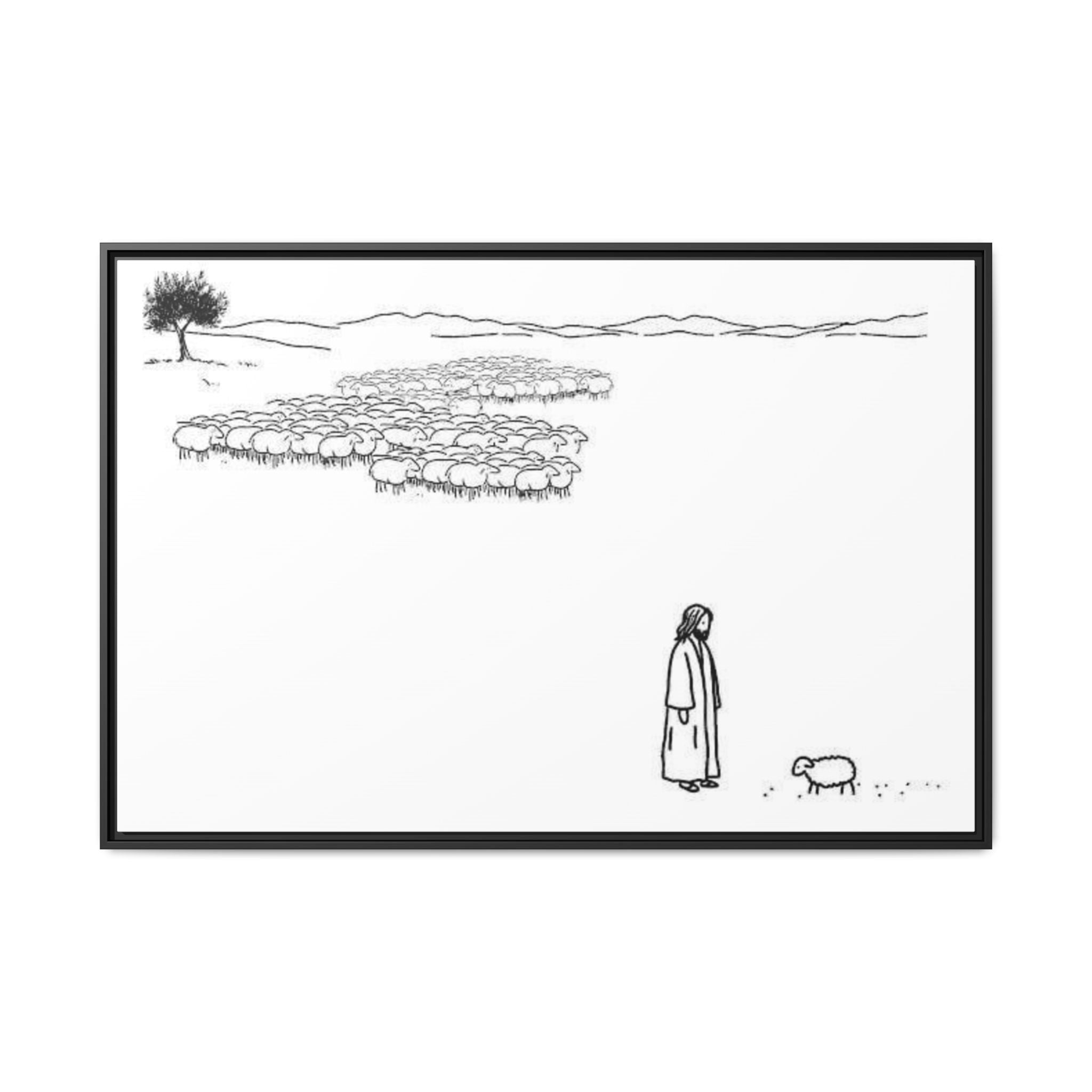 Framed Matte Canvas Print — Minimal The Good Shepherd & Flock Line Art