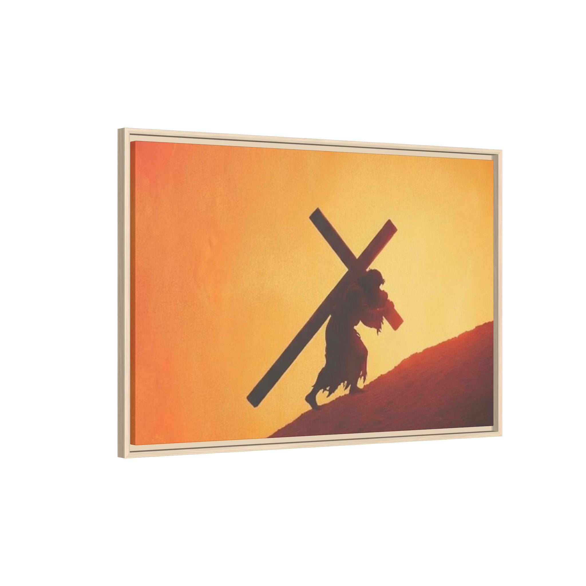 Jesus Christ Carrying Cross Framed Canvas — 'The World On His Shoulder' Sunset Art