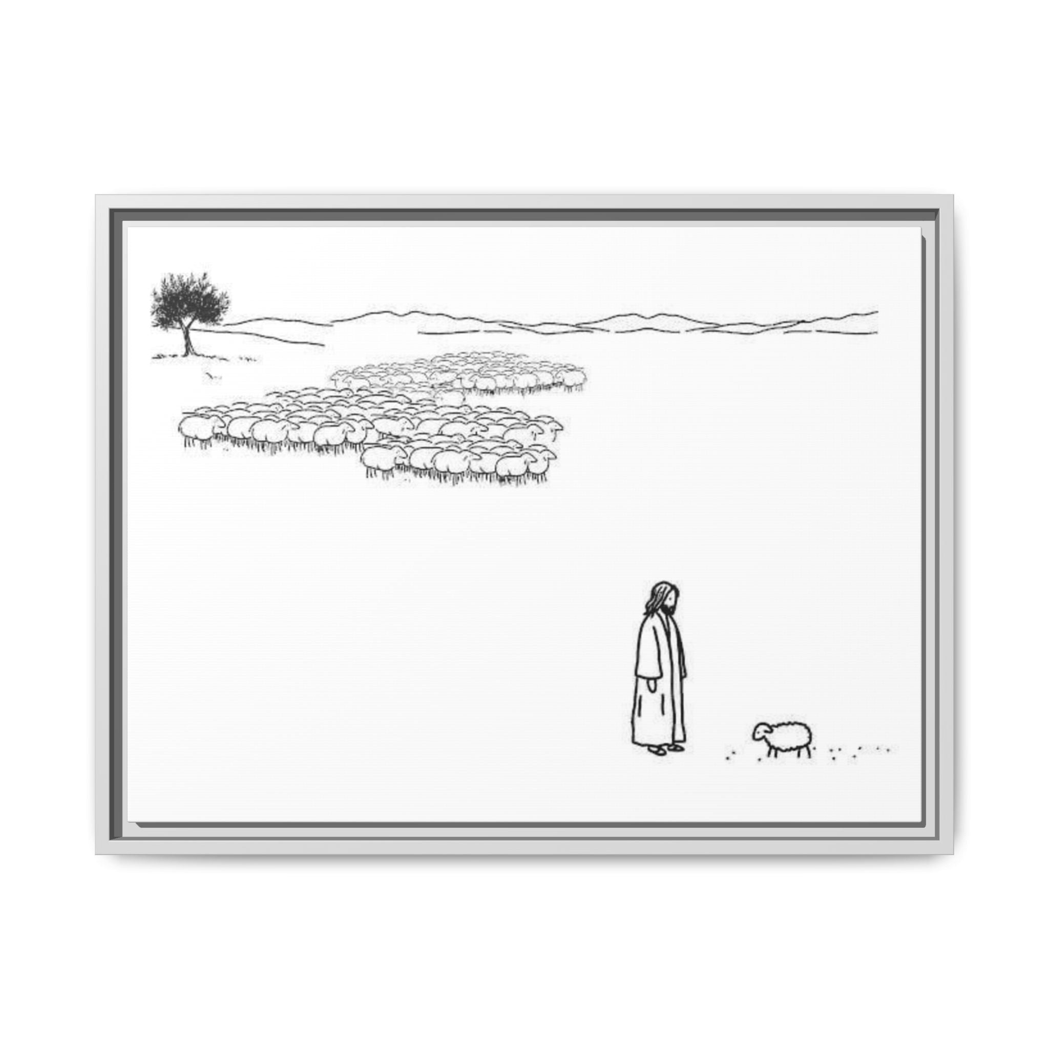 Framed Matte Canvas Print — Minimal The Good Shepherd & Flock Line Art