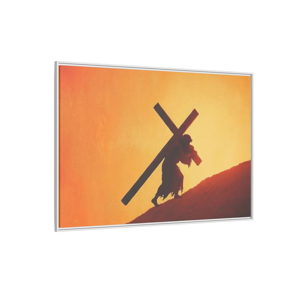 Jesus Christ Carrying Cross Framed Canvas — 'The World On His Shoulder' Sunset Art