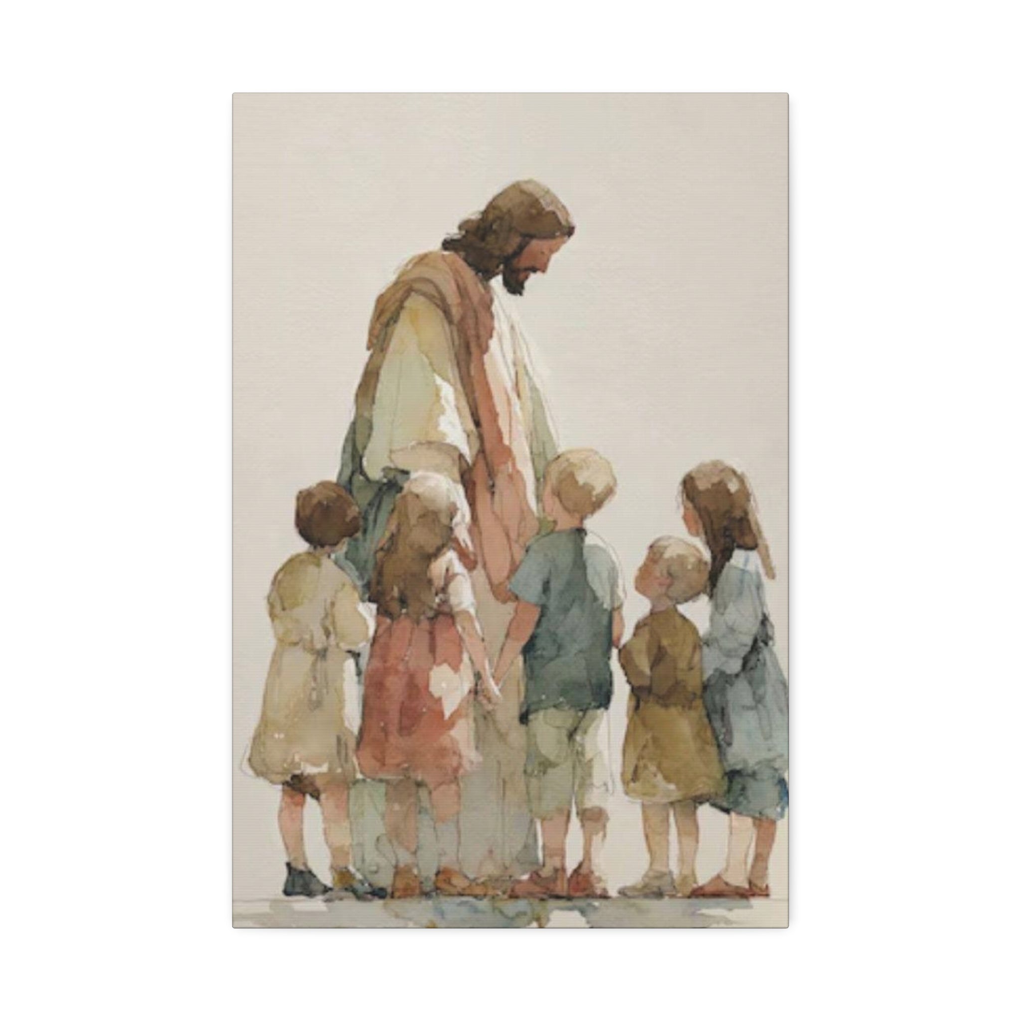 Faithful Father and Children Watercolor Canvas Print — Religious Nursery Wall Art
