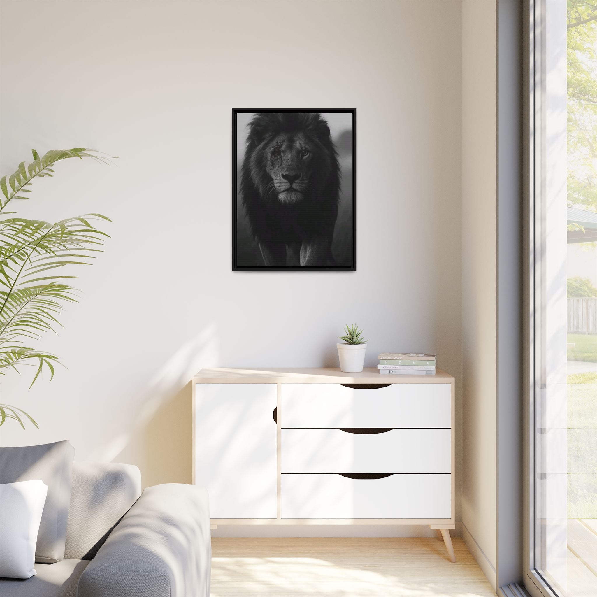 Framed Matte Canvas Lion Wall Art – Black & White Majestic Lion Print