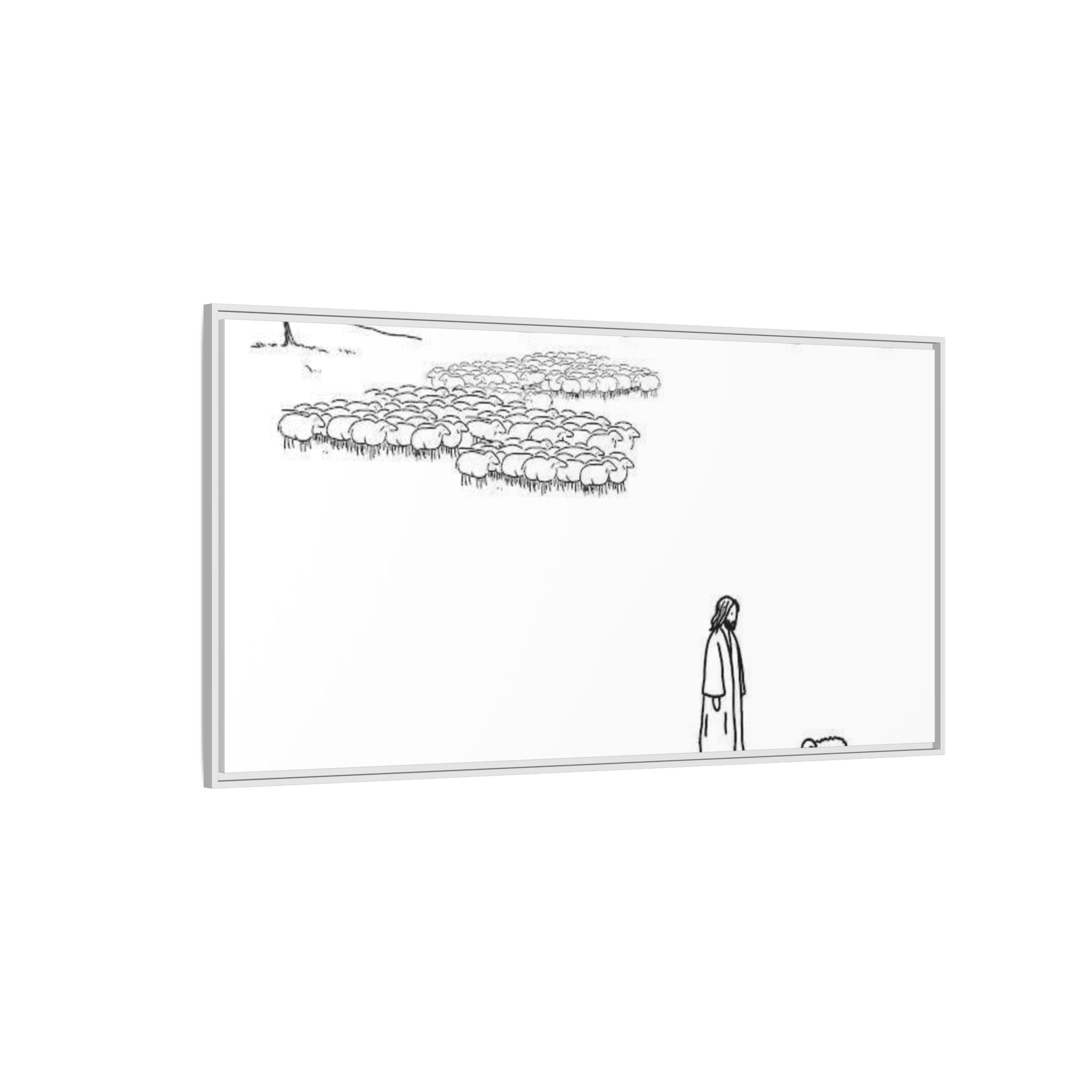 Framed Matte Canvas Print — Minimal The Good Shepherd & Flock Line Art