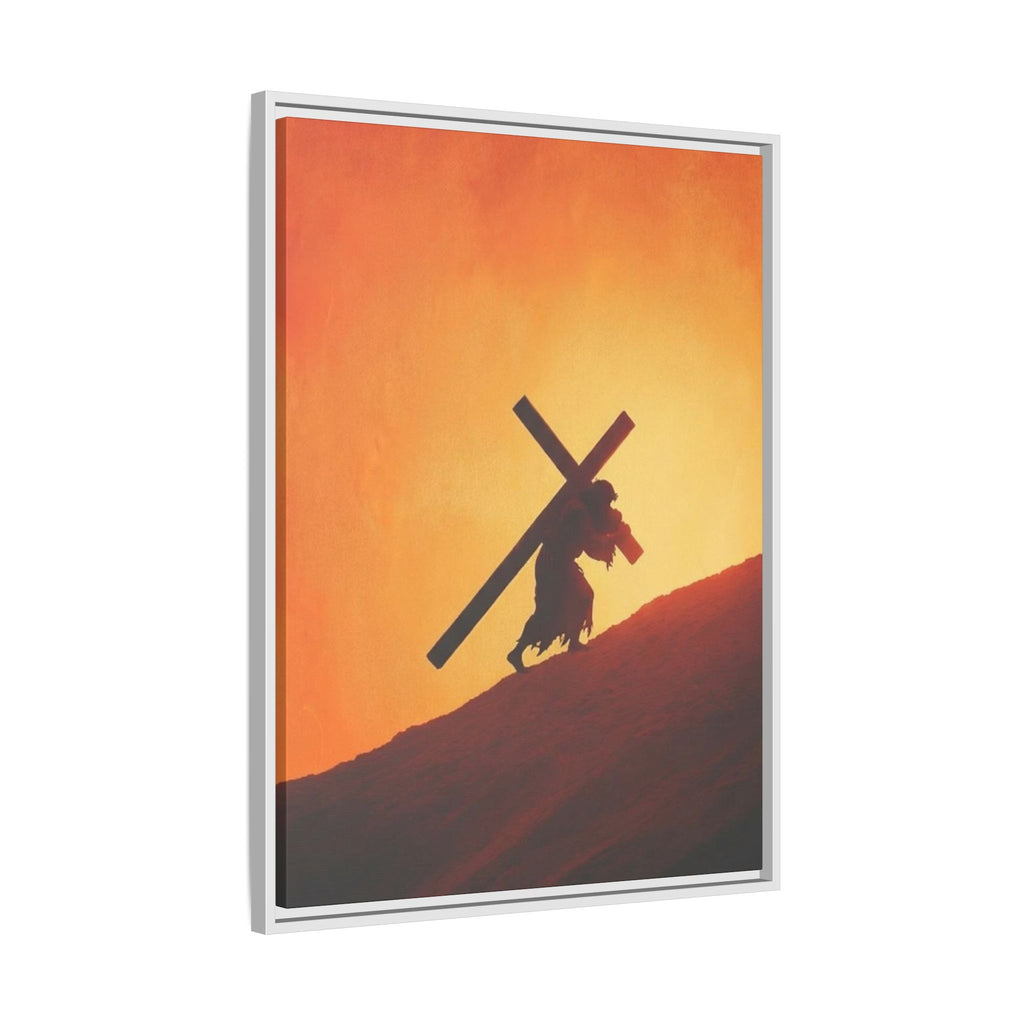 Jesus Christ Carrying Cross Framed Canvas — 'The World On His Shoulder' Sunset Art