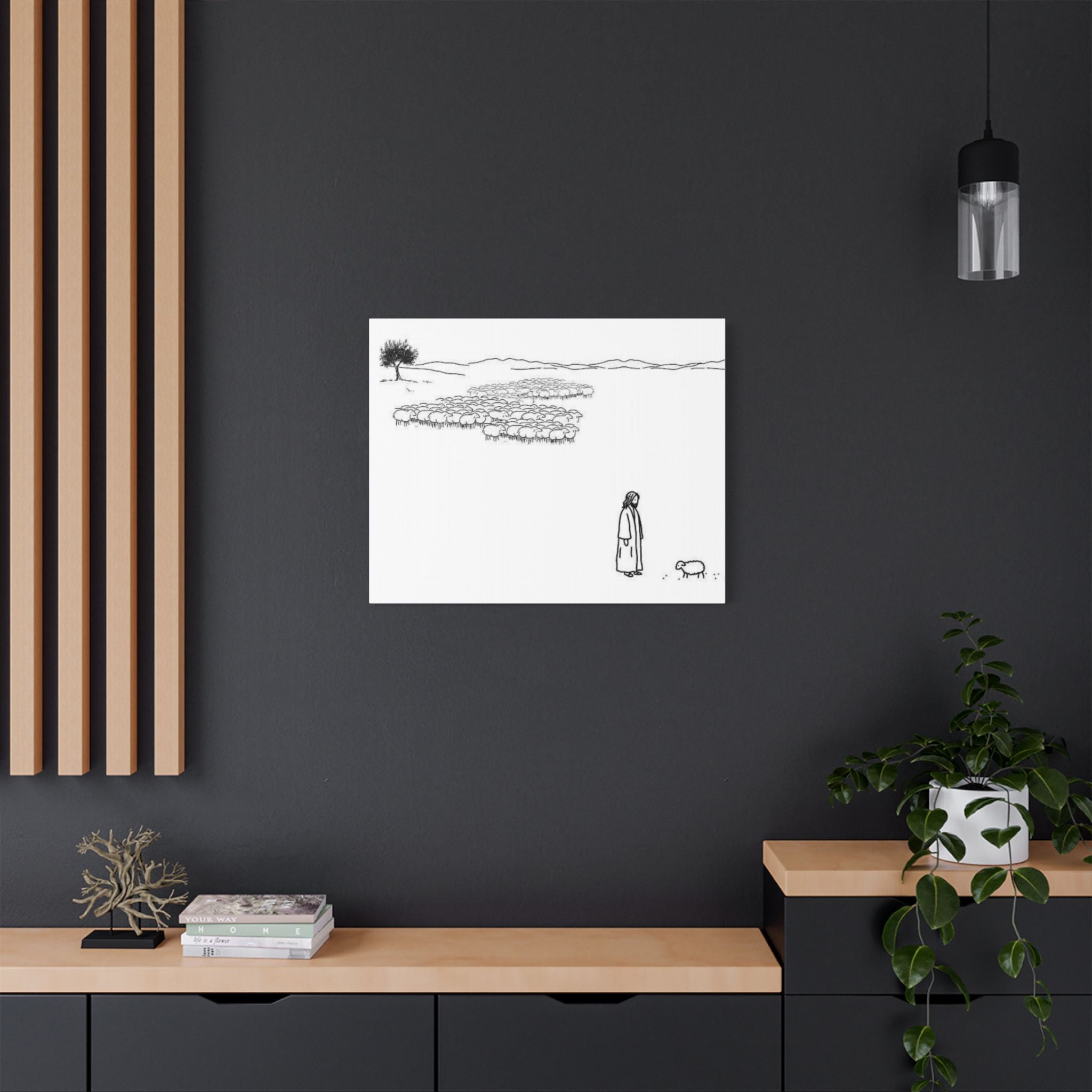 Jesus With One Lost Sheep Satin Canvas Wall Art