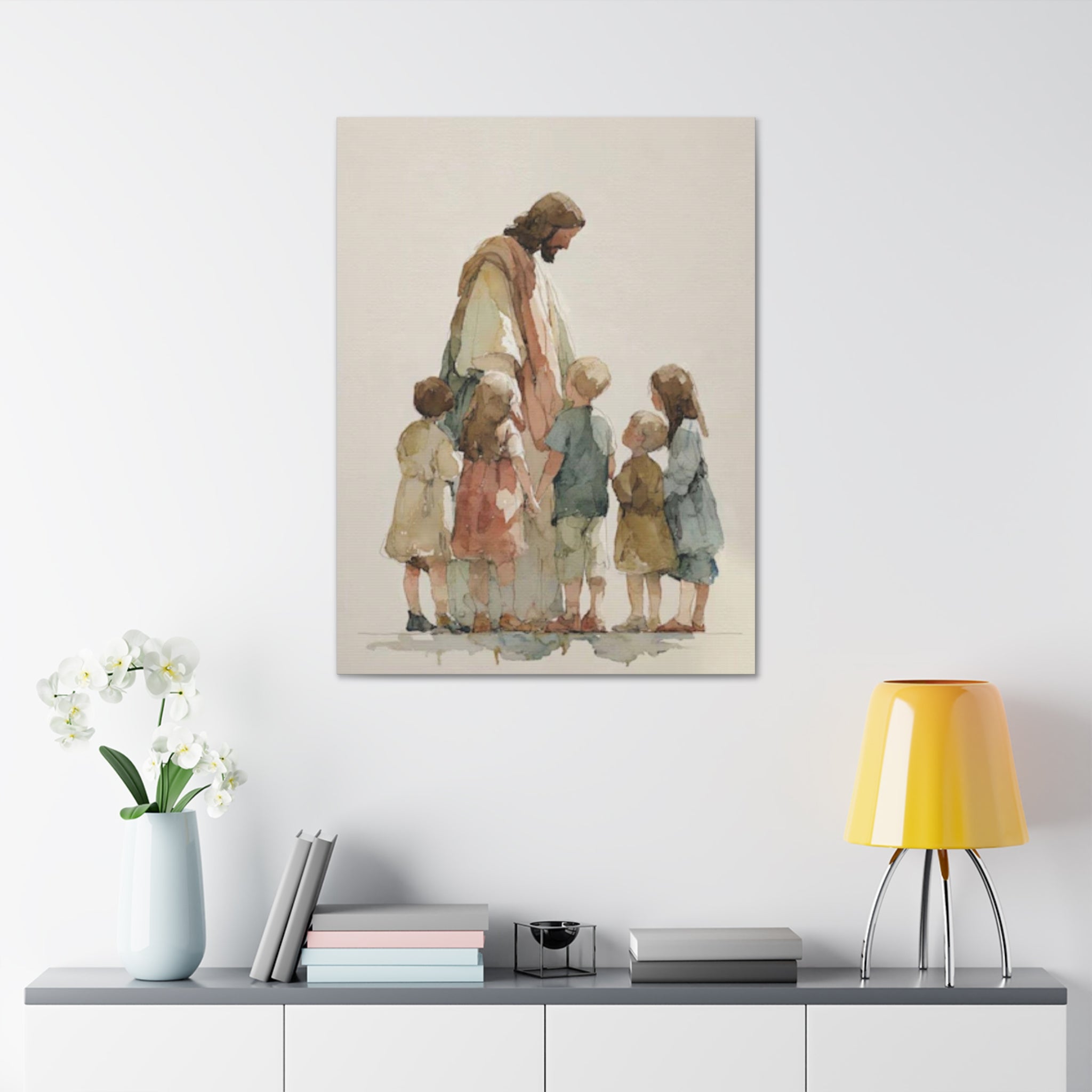 Faithful Father and Children Watercolor Canvas Print — Religious Nursery Wall Art