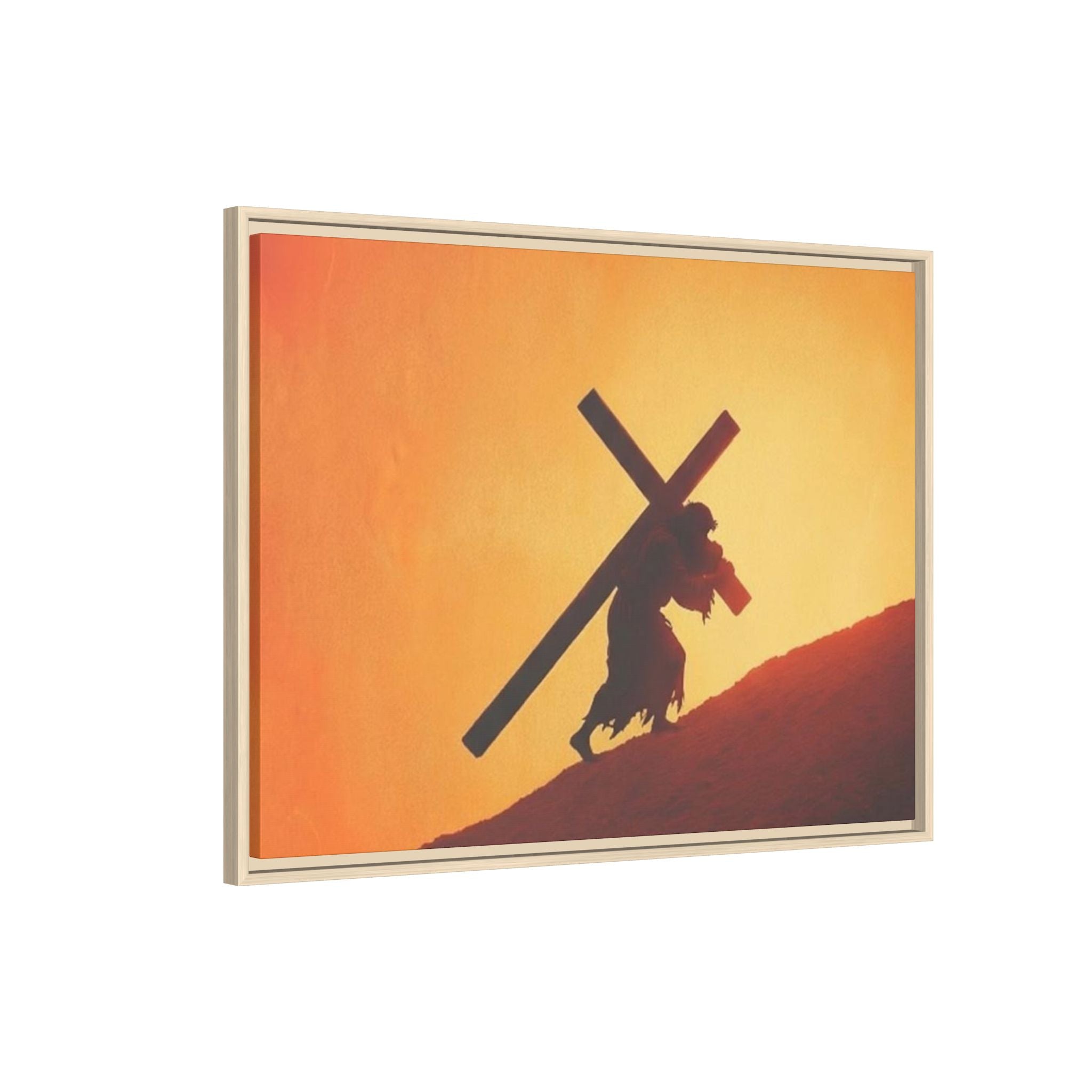Jesus Christ Carrying Cross Framed Canvas — 'The World On His Shoulder' Sunset Art